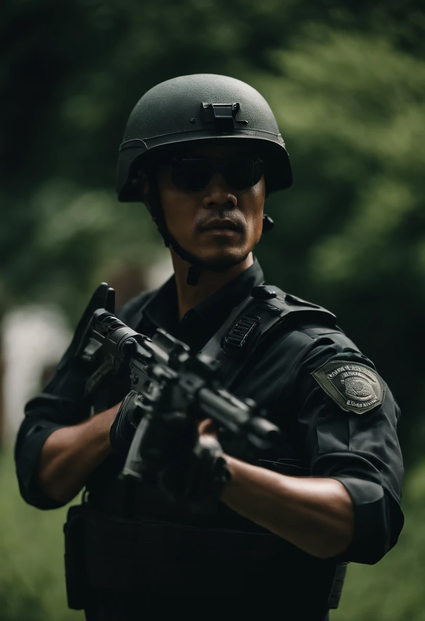 A police special assault unit was photographed from the side with a gun。 And the background is green。 ember。 Squat down and aim