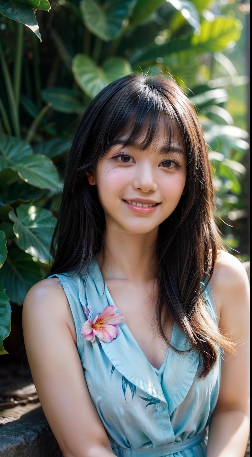 A drawing of a beautiful smiling, Hawaiian girl, flower, background is a tropical garden, mood is delicate, sensitive, loving, happy, daytime light, black long hair with bangs emo pin up girl, striking a pose, midshot, centered image, ultra detail, extremely face detail, extremely eye detail