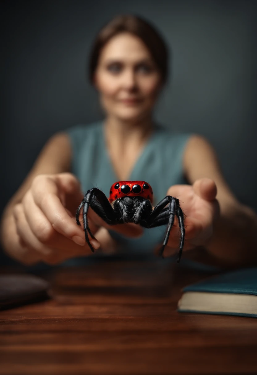 A teacher holding a small plastic spider in her hand, with an alarmed Air.