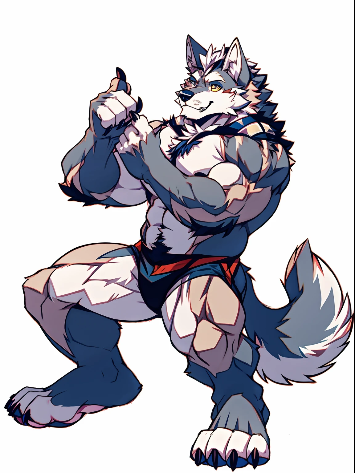 Human-wolf,musculous,Hairy all over,clawed paws,erect through