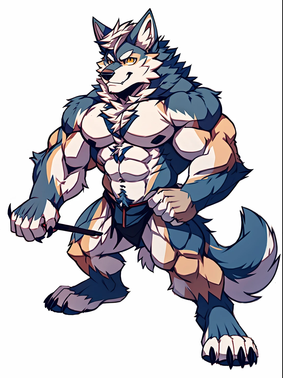 Human-wolf,musculous,Hairy all over,clawed paws,erect through
