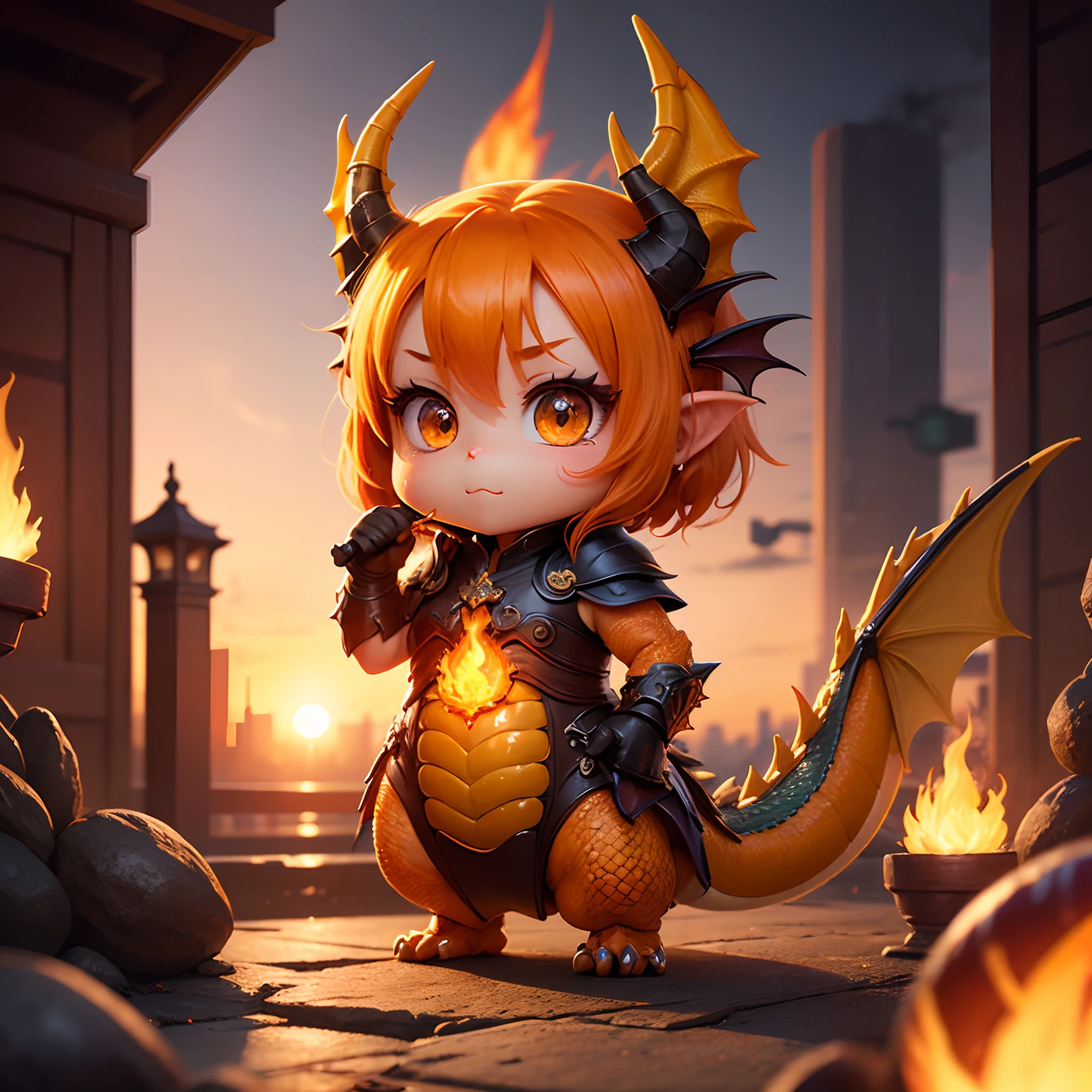 ​masterpiece、top-quality、ultra-detailliert、(Chibi Orange Dragon:1.2)、Yellow dragon scales、Spit out orange flame、down town、Sparkling sunset