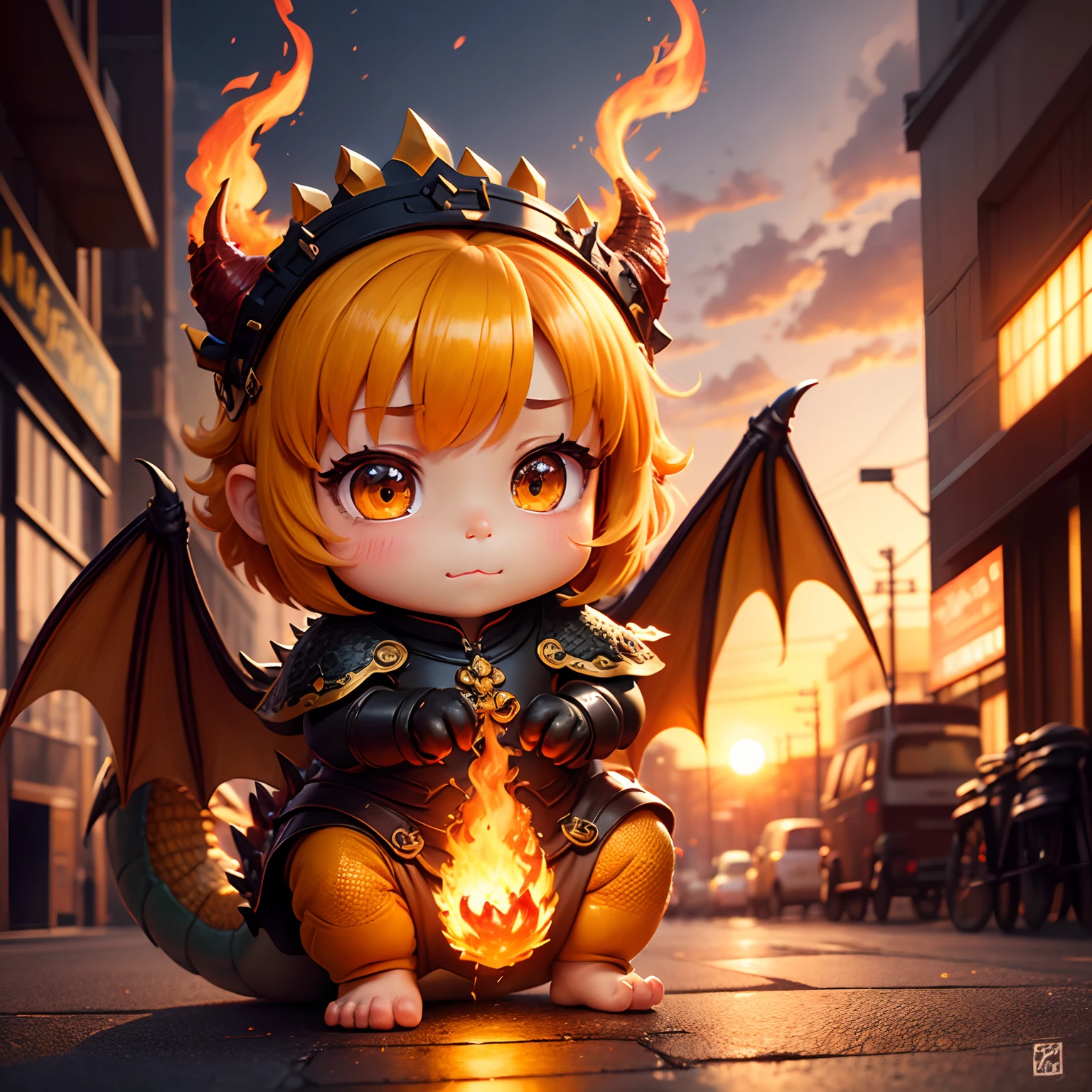 masterpiece、top-quality、ultra-detailliert、(Chibi Orange Dragon:1.2)、Yellow dragon scales、Spit out orange flame、down town、Sparkling sunset
