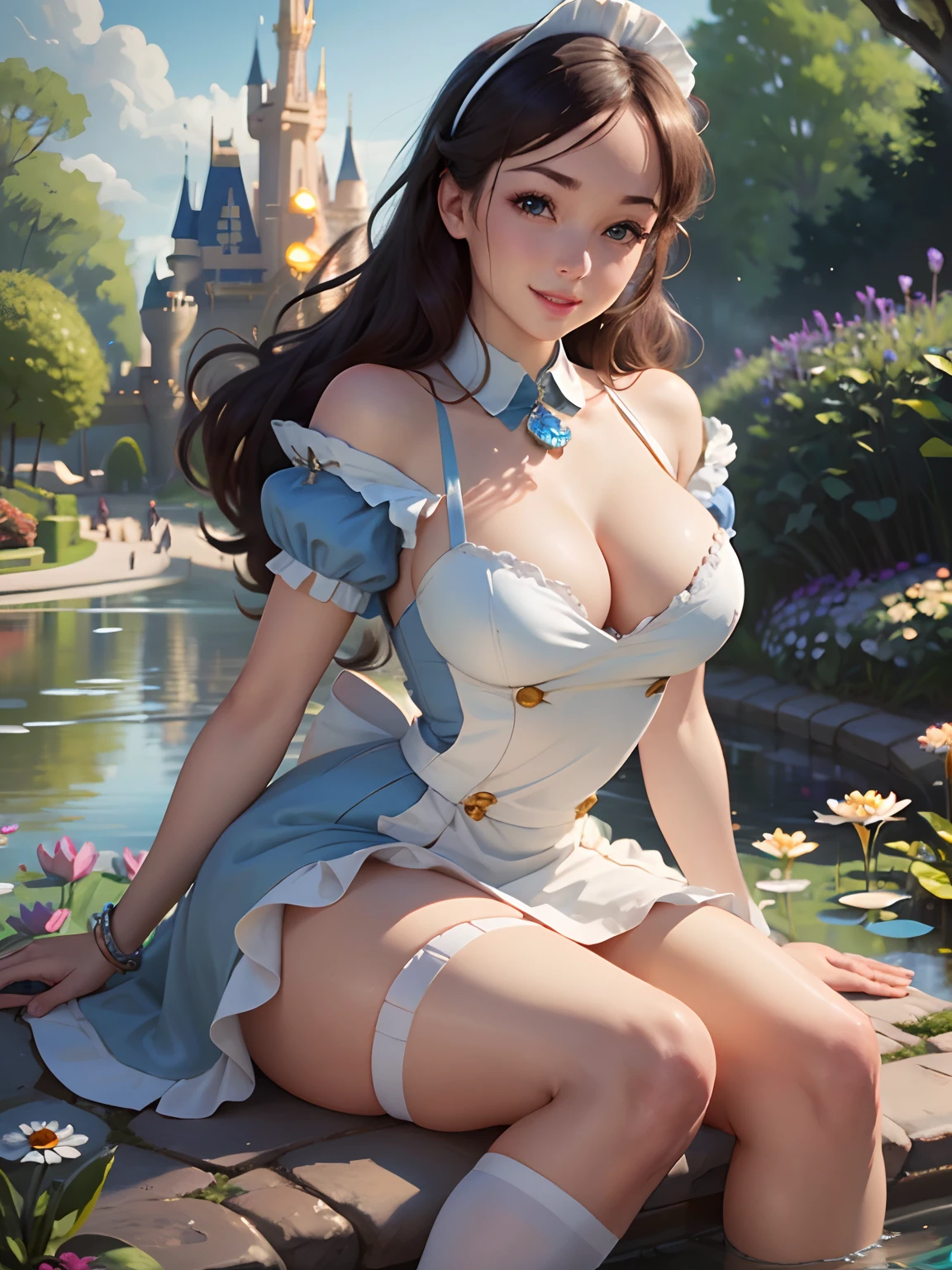 (masterpiece), (best quality), (extremely detailed), Malicious Alice liddell, blue dress, white apron, black hairband, white stockings, showing rude string thong cute pose, in a flower garden, (pond), (((disney castle at the background))), (blue sky), (sunny day), 3d. Illustration, Good Highlights, Perfect Proportions, dynamic, Professional, Award winning, (high detailed skin), (high detailed face), photorealistic, HDR, ultra highres, absurdres, perfect body shape, cute smiling, realistic figure, sexy posing, teaser lying down, perfect breast,