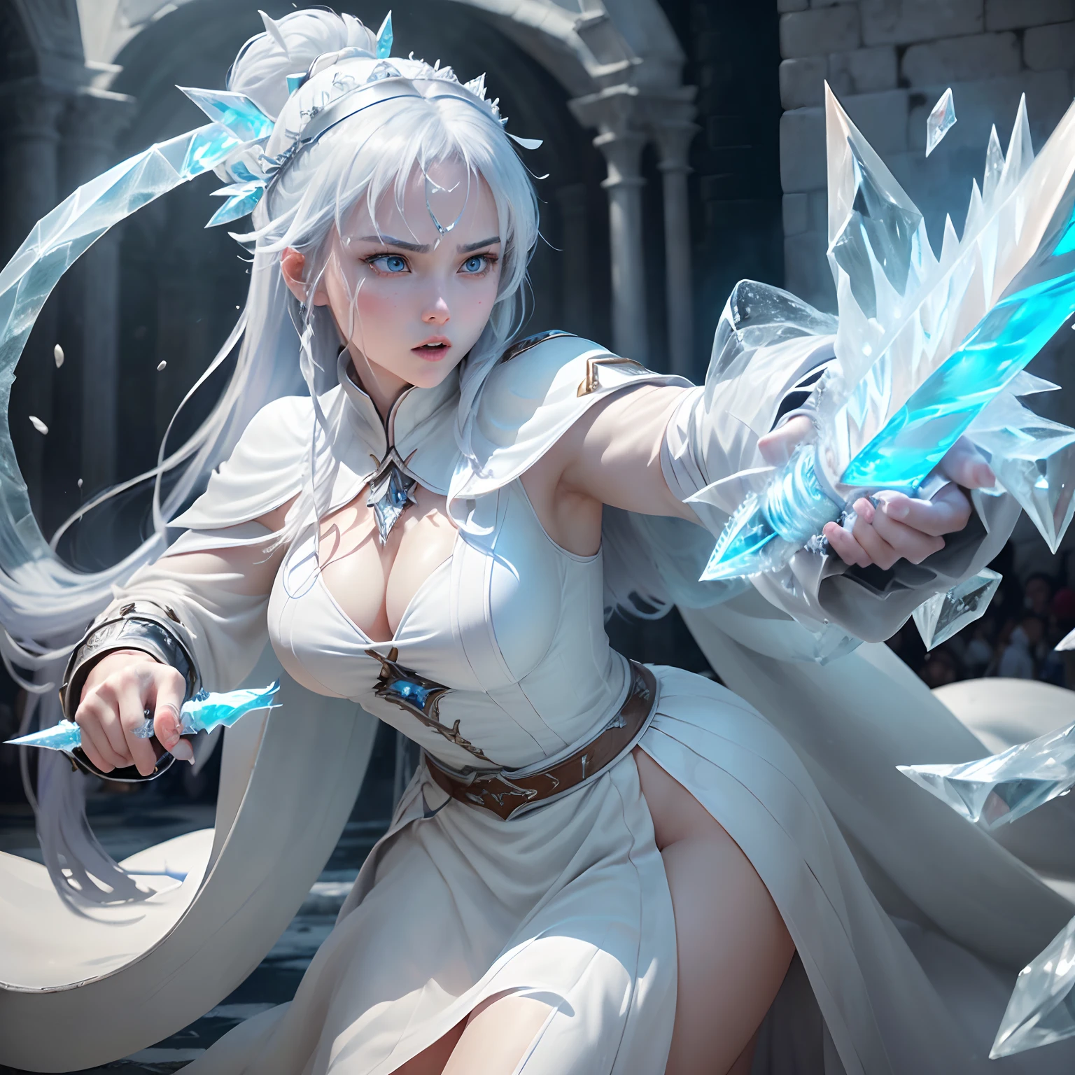 (Best Quality,Ultra-detailed,Realistic:1.37)、Pope attacking with ice spells、An 18-year-old woman、１femele、独奏、(Sharp eyes:1.5)、Beautiful face of attractive Roman woman、Aggressive look、Pope's white robe、(Shoot an ice blade from her hand:1.5)、perfect hand、Full body