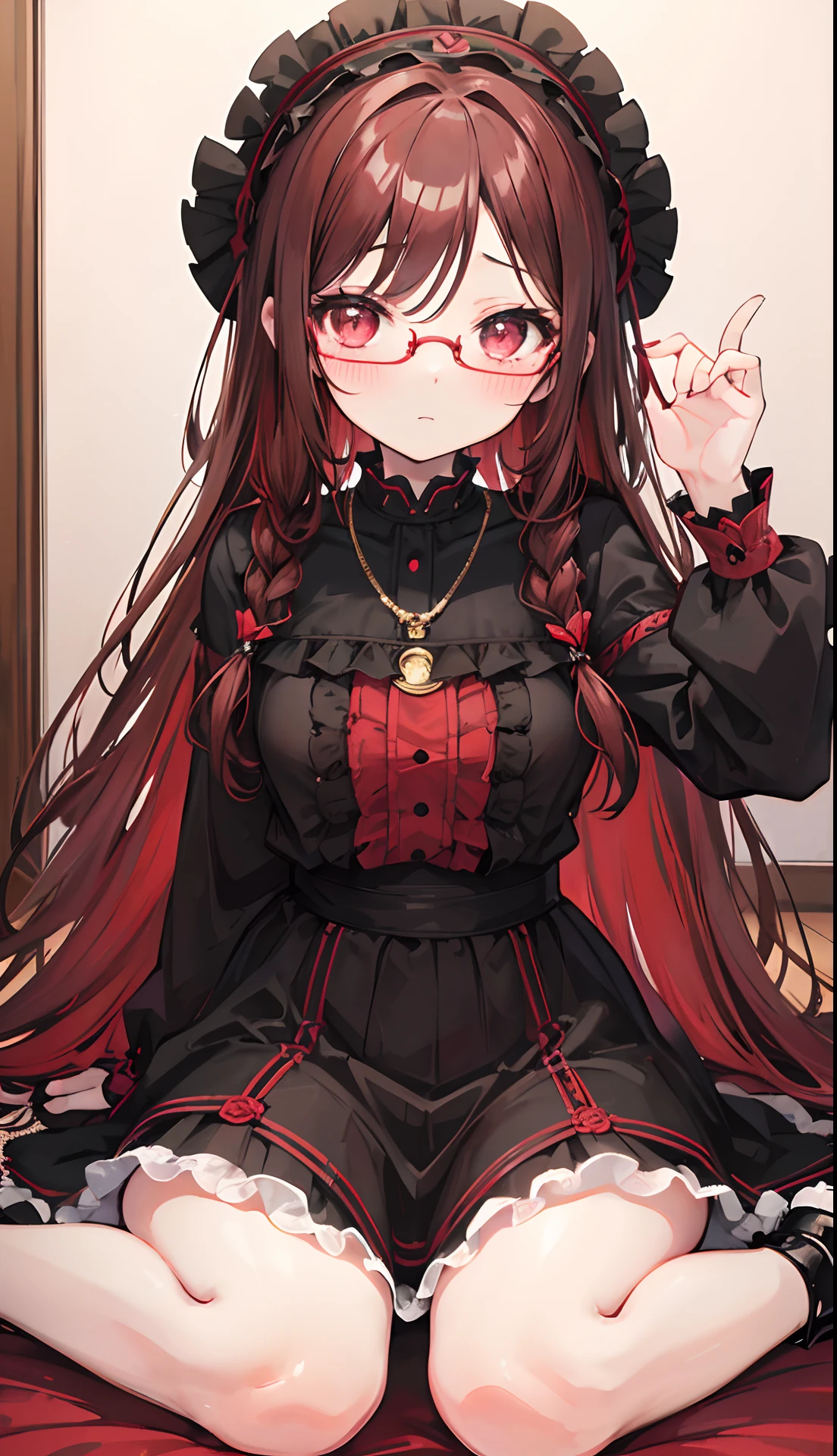 Reddish brown braided hair,With thick black-framed glasses,The eyes are very affectionate,With a cute black ring necklace,Lolita clothes in brown and red colors,The face is shiny and super tender,is a ite cute liteet girl