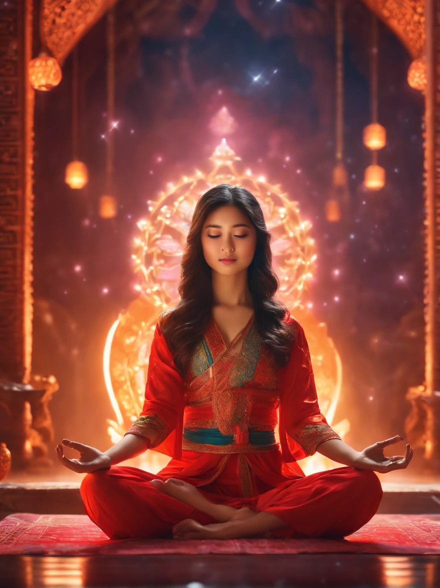 An Asian girl，Meditate cross-legged, at centre，Very bright colors, Light particles, with light glowing, Mshiv, wallpaper art, UHD wallpaper
