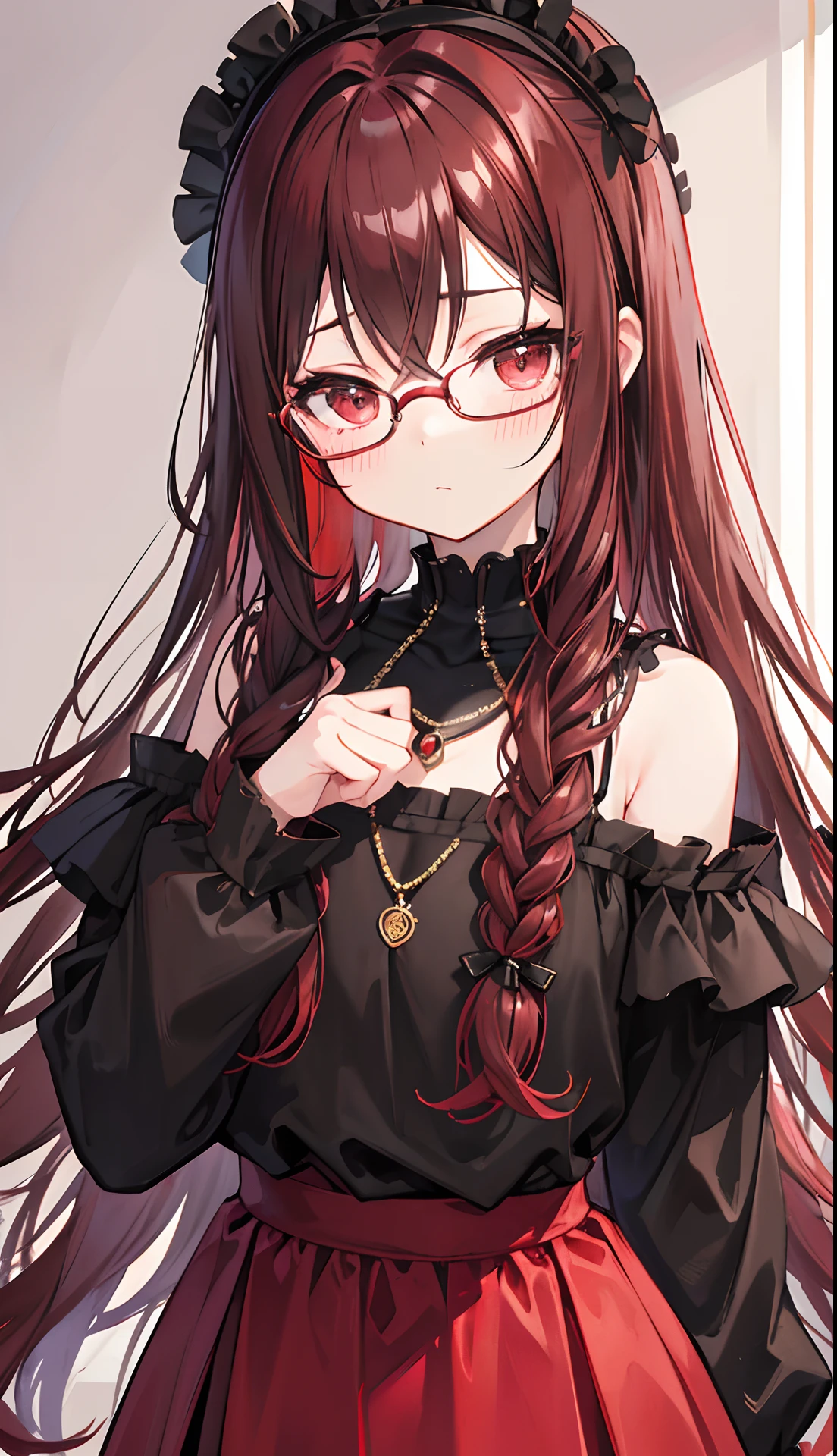 Reddish brown braided hair,With thick black-framed glasses,The eyes are very affectionate,With a cute black ring necklace,Lolita clothes in brown and red colors,The face is shiny and super tender,is a ite cute liteet girl