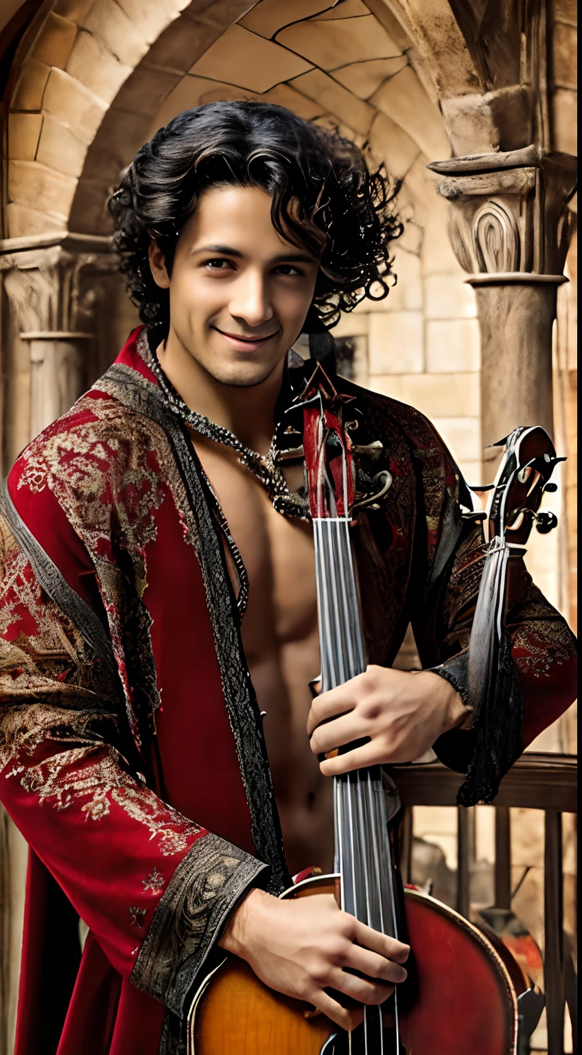 God-sheltered love，(Realism: 1.4), Best quality, Masterpiece, Male, Slim, Muscular,, Fair skin, Long gray curly hair, Red eyes, Smile, Bard, do not disturb, Lute on the back