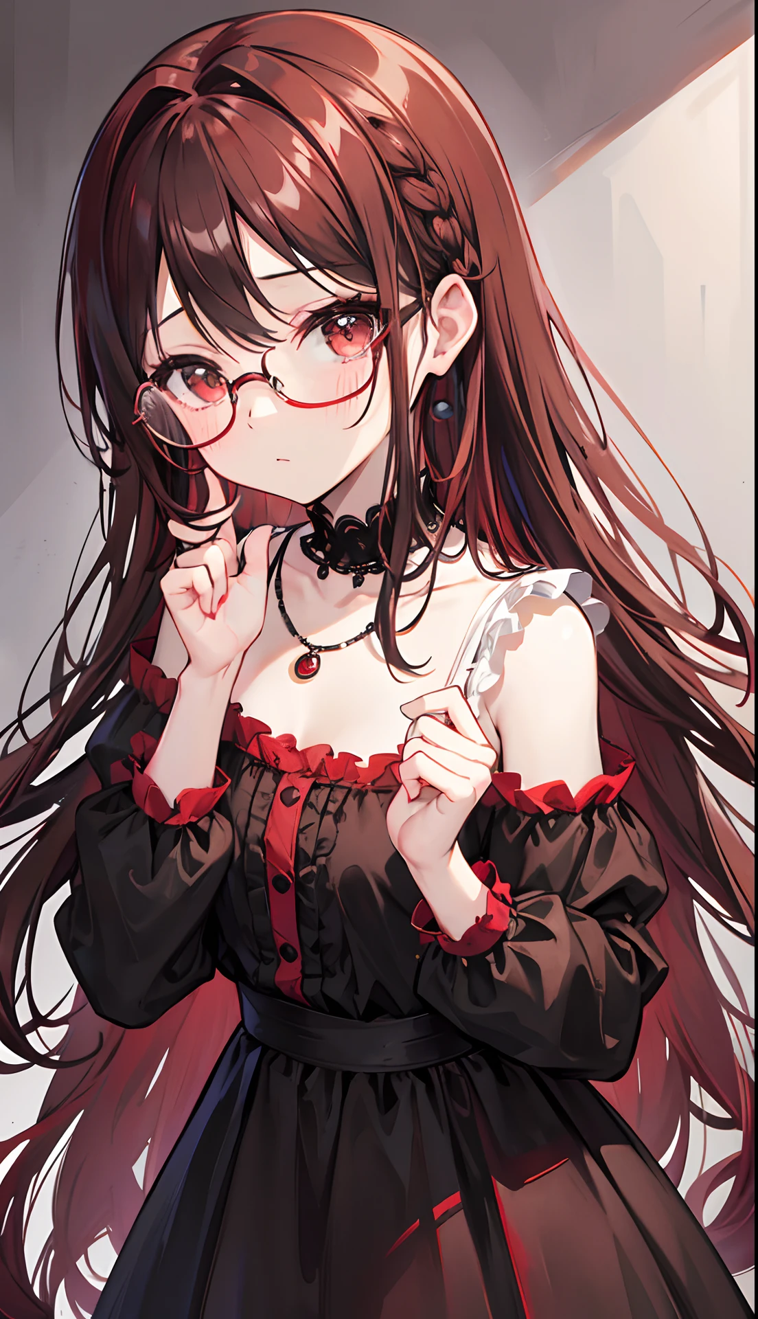 Reddish brown braided hair,With thick black-framed glasses,The eyes are very affectionate,With a cute black ring necklace,Lolita clothes in brown and red colors,The face is shiny and super tender,is a ite cute liteet girl