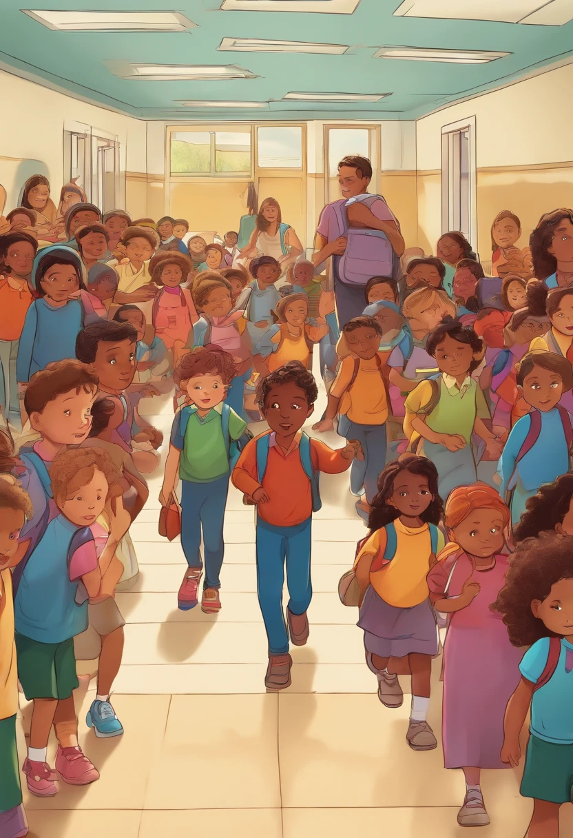 Animation showing children and teachers evacuating school in panic.