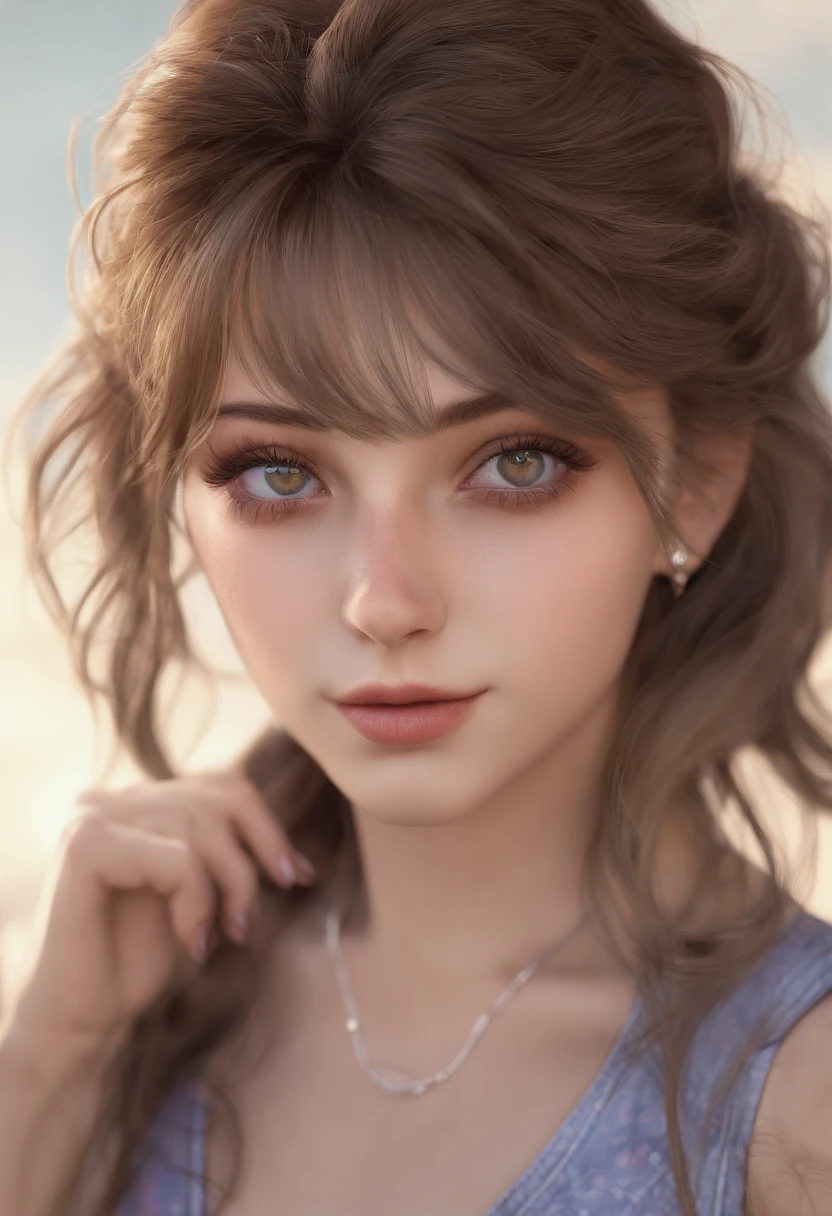 (masterpiece:1.5), (top-quality:1.32), (The ultra -The high-definition:1.4), (High resolution: 1.3), (CG Unity 8k wallpapers:1.2), (Detailed eyes and skin:1.35), (detailed facial features:1.25), (Detailed pupils:1.36), precise and perfect human body structure, (Textured skin: 1.26), high-level image quality, Large file size, fulcolor, Full body、 (Photorealistic, awardwinning photo:1.27), depth of fields, Shading by sunlight、 ((Ponytail: 1.47)), Brown hair, (Blue eyes: 1.28), (Pupils are black:1.1), thick bangs, Large blue ribbon, Smile, cleavage, large full breasts, Attractive thighs, abdominals, Glowing skin, ((adventurer:1.4)), Half jacket、Tank Tops、tight miniskirt、long boots、caves、