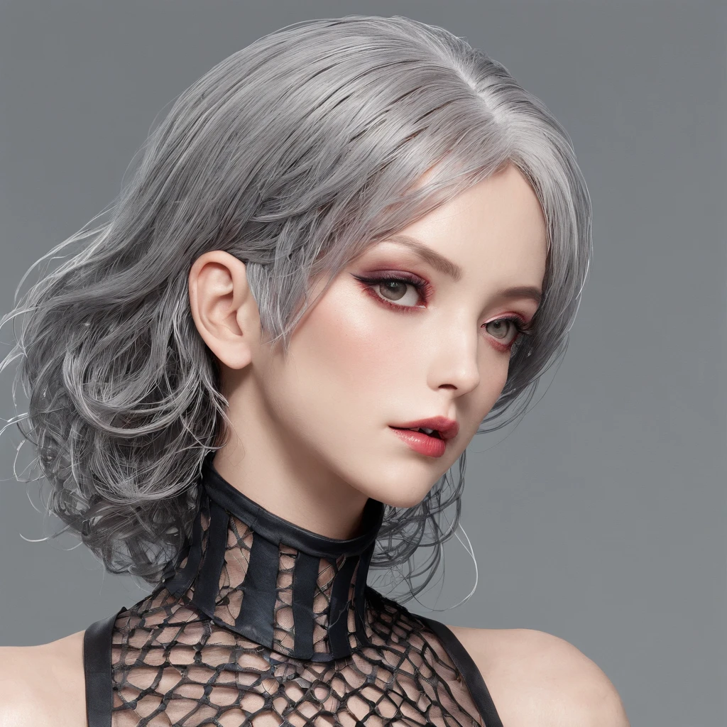 (1980s anime), mature female with gothic net symbolic clothes, (Barbed wire of the body) brunette color hair,Gray hair ends
