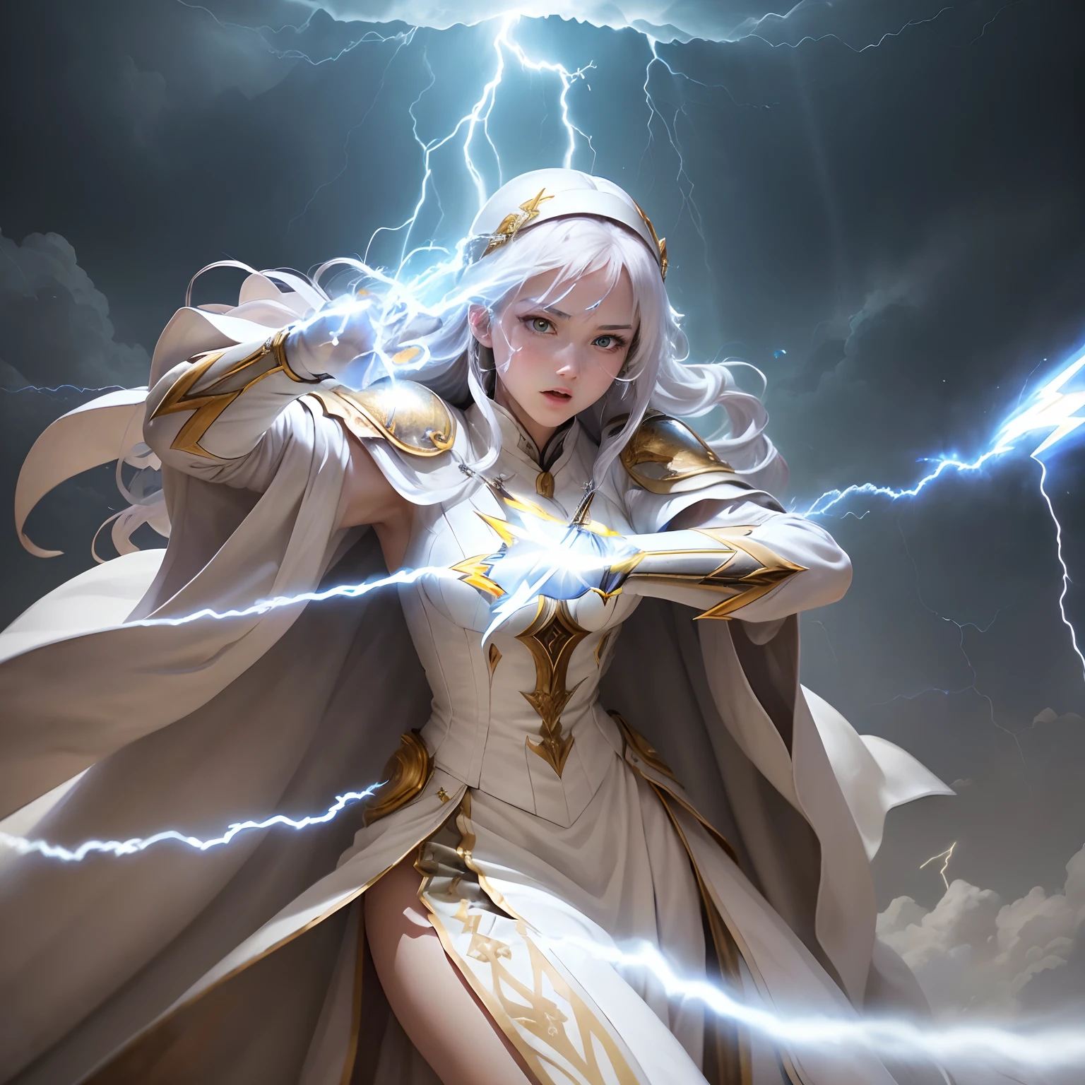 (Best Quality,Ultra-detailed,Realistic:1.37)、Pope attacking with lightning spells、An 18-year-old woman、1femele、独奏、(Sharp eyes:1.5)、Beautiful face of attractive Roman woman、Aggressive look、Pope's white robe、(Shoot lightning from her hands:1.5)、perfect hand、Full body