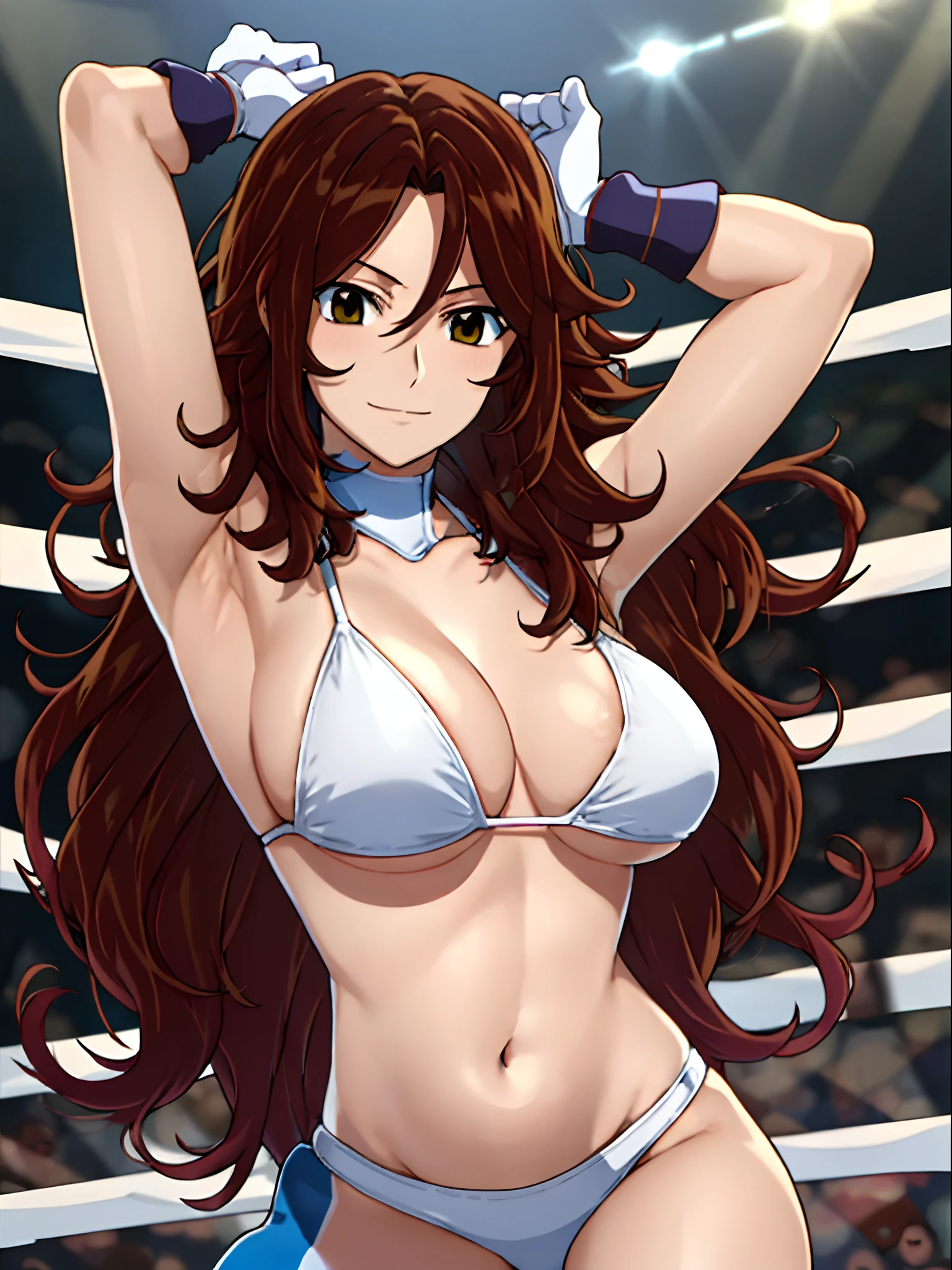 cowboy shot, upper body view, anime style: 1.8, anime drawing, ultra detailed face, ultra detailed body, ultra detailed hair, 4k, Sumergai Lee Noriega, (standing), best quality, anime style, hires, highest definition, digital blending, bold drawing lines, ((slender body, female pro wrestler), (location: wrestling arena, crowds watching), (weak body, tall, slender body, broad shoulders, slim arms, little biceps, thighs, dirty armpit, long belly), ((white micro bikini, shorts, groin, white boots, white gloves, collar)), , smile, , (big breasts), (big eyes, brown eyes), (warming up), (brown hair, loose hair, curly hair, wavy hair, long hair, missy hair), 27 years old,