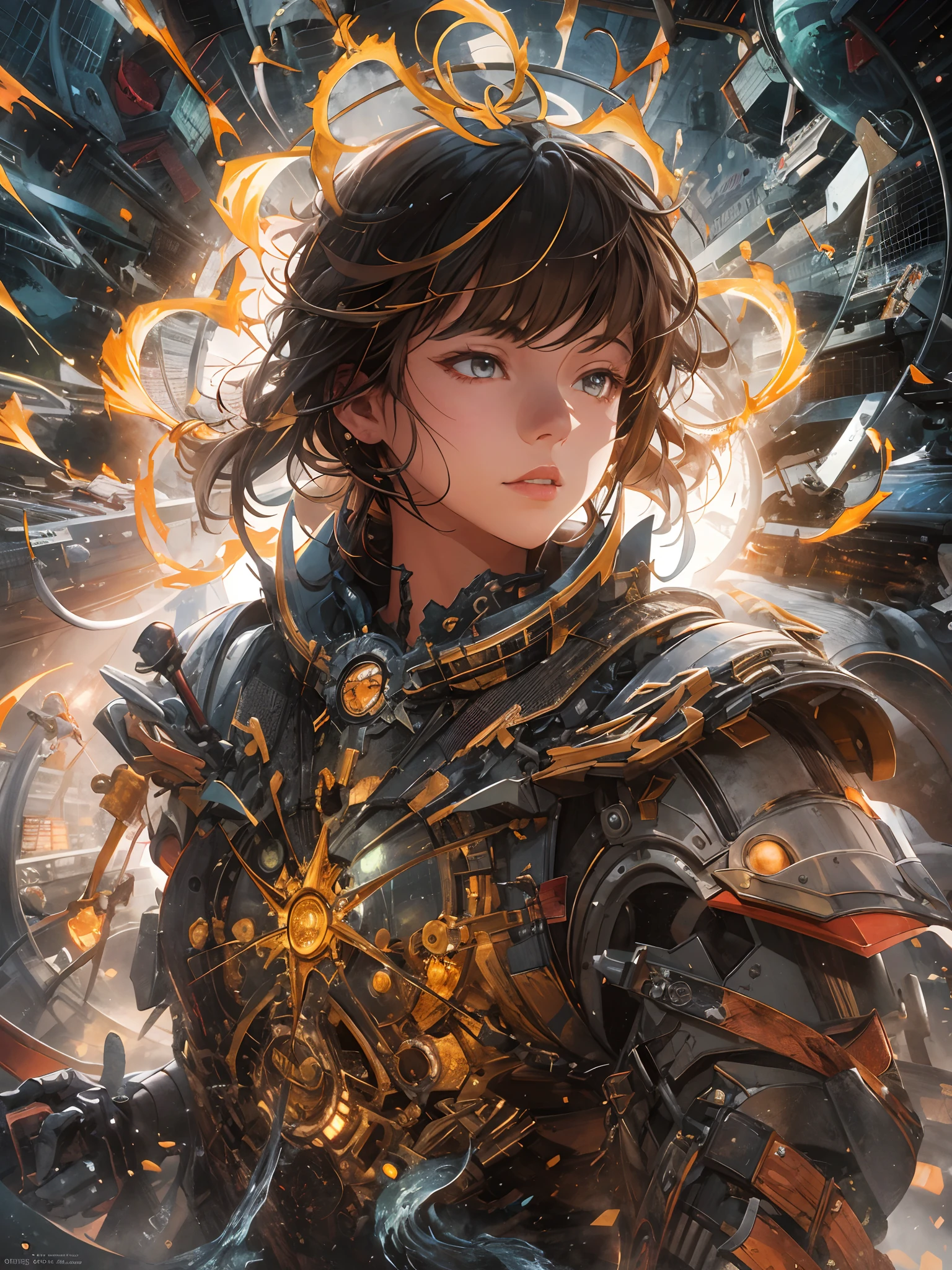 absurdes, high resolucion, The ultra-detailliert, (1Girl:1.3), break , Sun Knight, Solar Magic, Light manipulation, Radiant power, Attack the sun's rays, The aura of heat, Bright armor rest , Photo manipulation, Changed Reality, fantastical scenes, digital art, Creative Editing, evocative narratives, Amazing visual relaxation , Kinetic Art, Moving sculptures, Machine Creations, Interactive Installation, dynamic movement, Engineering ingenuity, striking visuals, Brunette Boy,