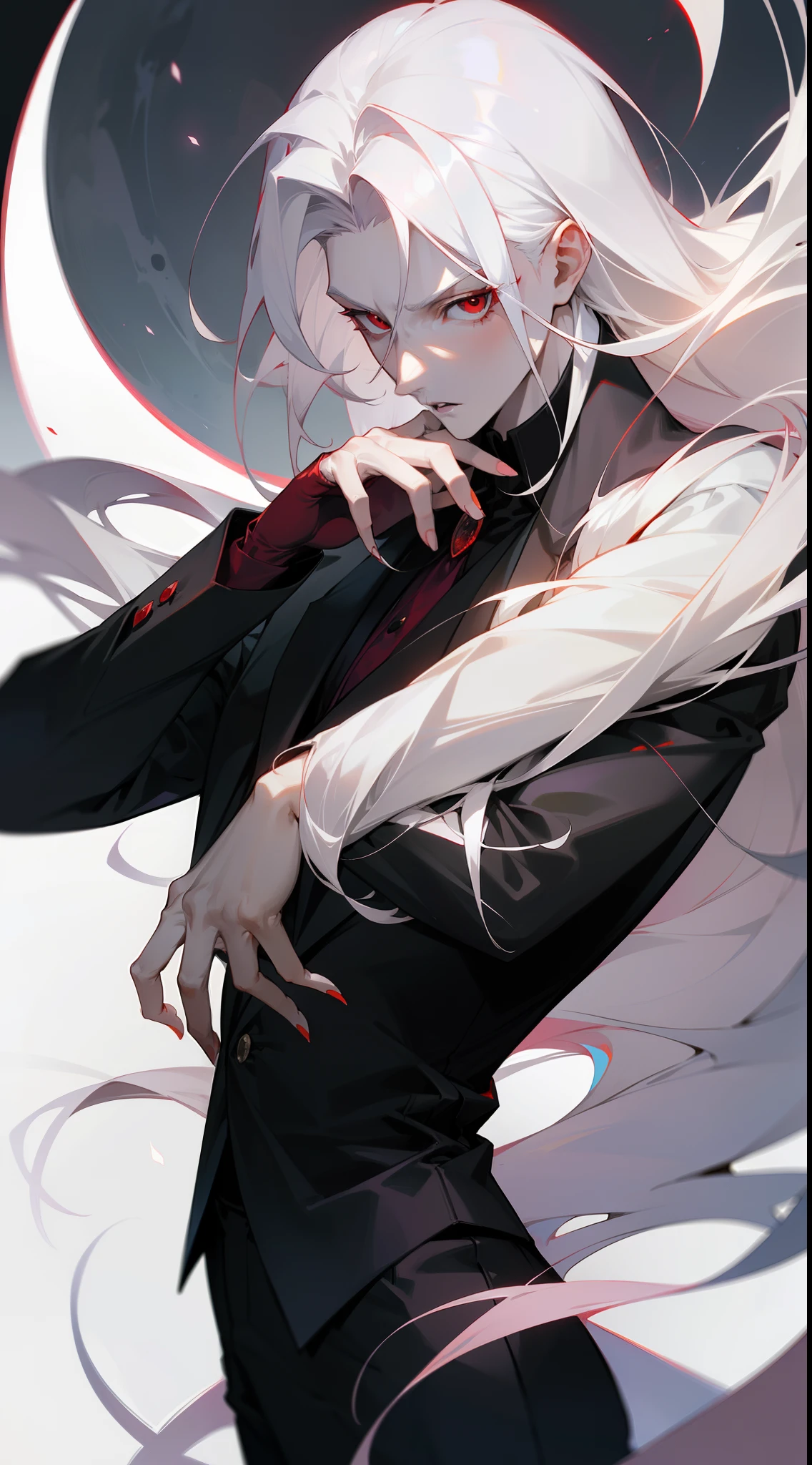 With a graceful stance, a male vampire poses for his portrait. His anime-style appearance is enhanced by his long, white hair and striking red eyes. He wears a tailored suit, adding a touch of sophistication to his pale white skin. The full moon shines brightly in the background, adding a touch of mystery to the image.