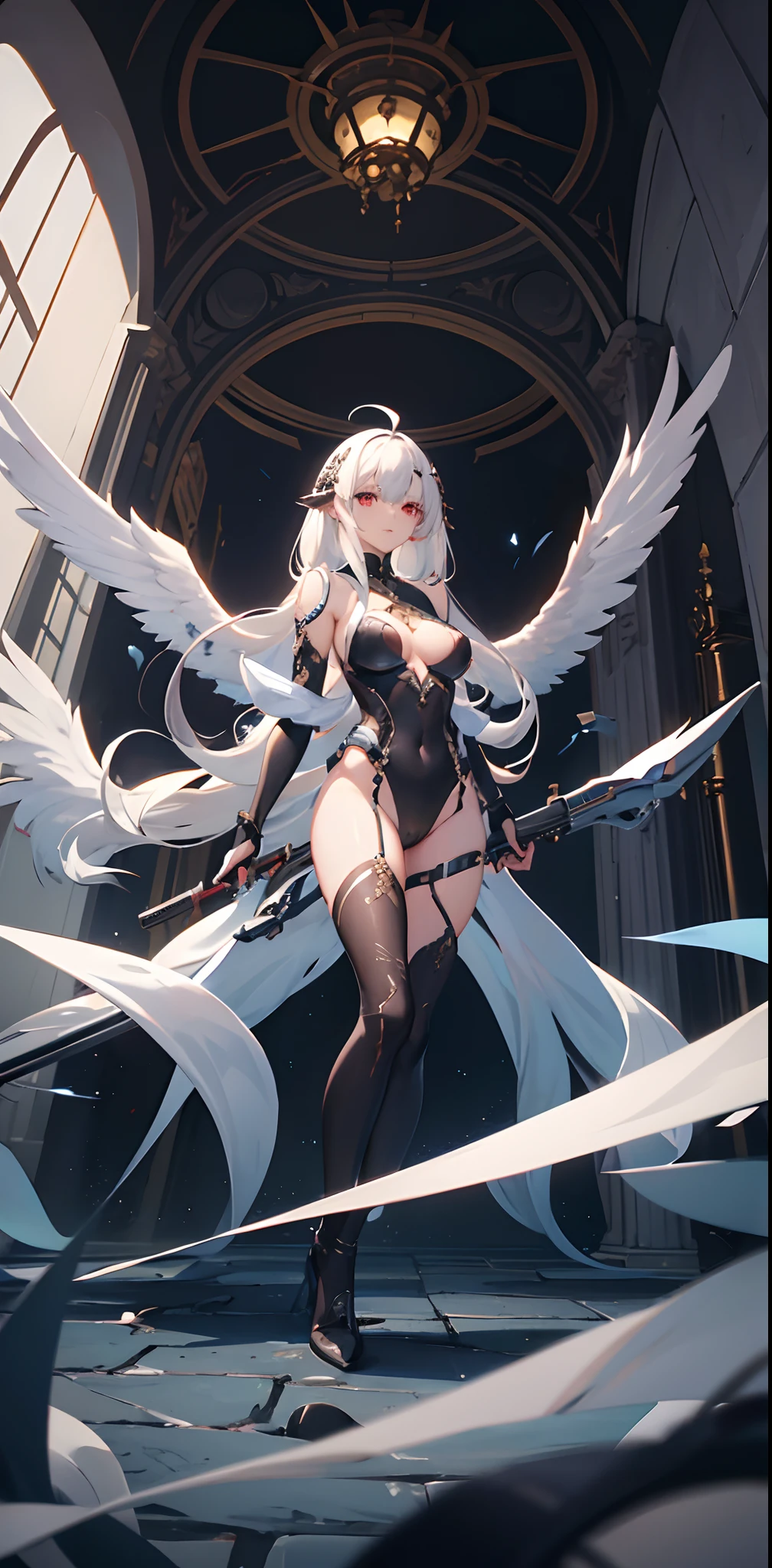 masterpiece,(bestquality),highlydetailed,ultra-detailed,  cold , solo , ( 1girl ) , detailedeyes , stare , (red eyes) , (beautiful detailed eyes) , (long hair) , (white hair) , (silver hair) , (Wing-like bangs) , (Dull hair:1.2) , (ahoge) , (Hair rings:1.2) , (Half tied hair:1.2) , (bodysuit) , (breasts) , (grey background) , (gun) , (holding) , (holding weapon) , (looking at viewer) , (medium breasts)
