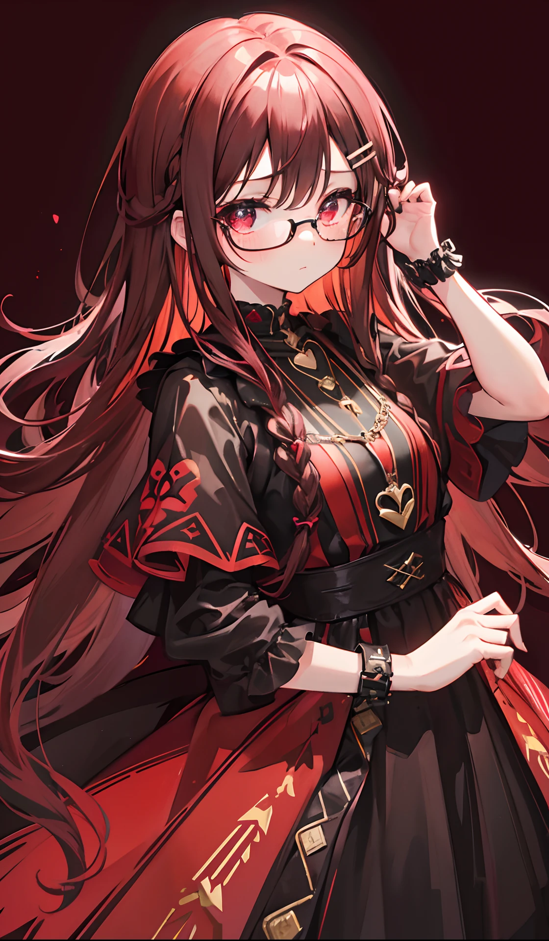Reddish glow-brown braided hair，With thick black-framed glasses，The eyes are very affectionately glowing with fluorescence，With a cute black ring necklace，Lolita clothes in brown and red colors，Glowing，The face is shiny, super tender and shiny，is a petite cute little sweet girl，Fluorescent overall
