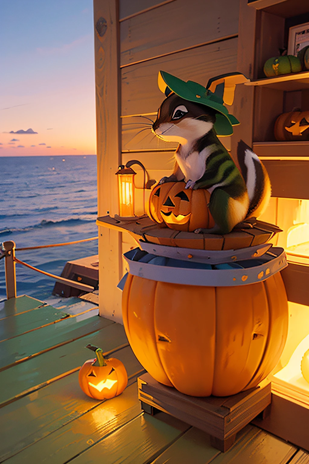 (in a serendipity sea side), (maritime atmosphere), (a chipmunk is shipping a "green pumkin")