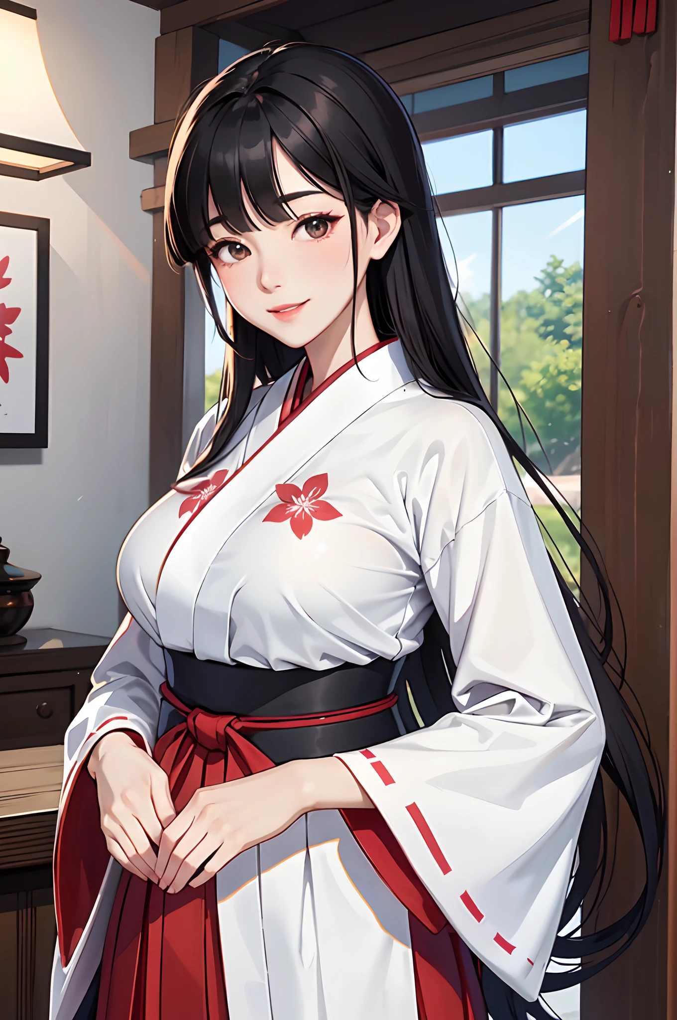 1lady solo standing, /(miko clothes long sleeves detached sleeves long hakama hakama skirt/), mature female, /(black hair/) bangs, blush kind smile, (masterpiece best quality:1.2) delicate illustration ultra-detailed, large breasts BREAK /(shrine indoors/), detailed background