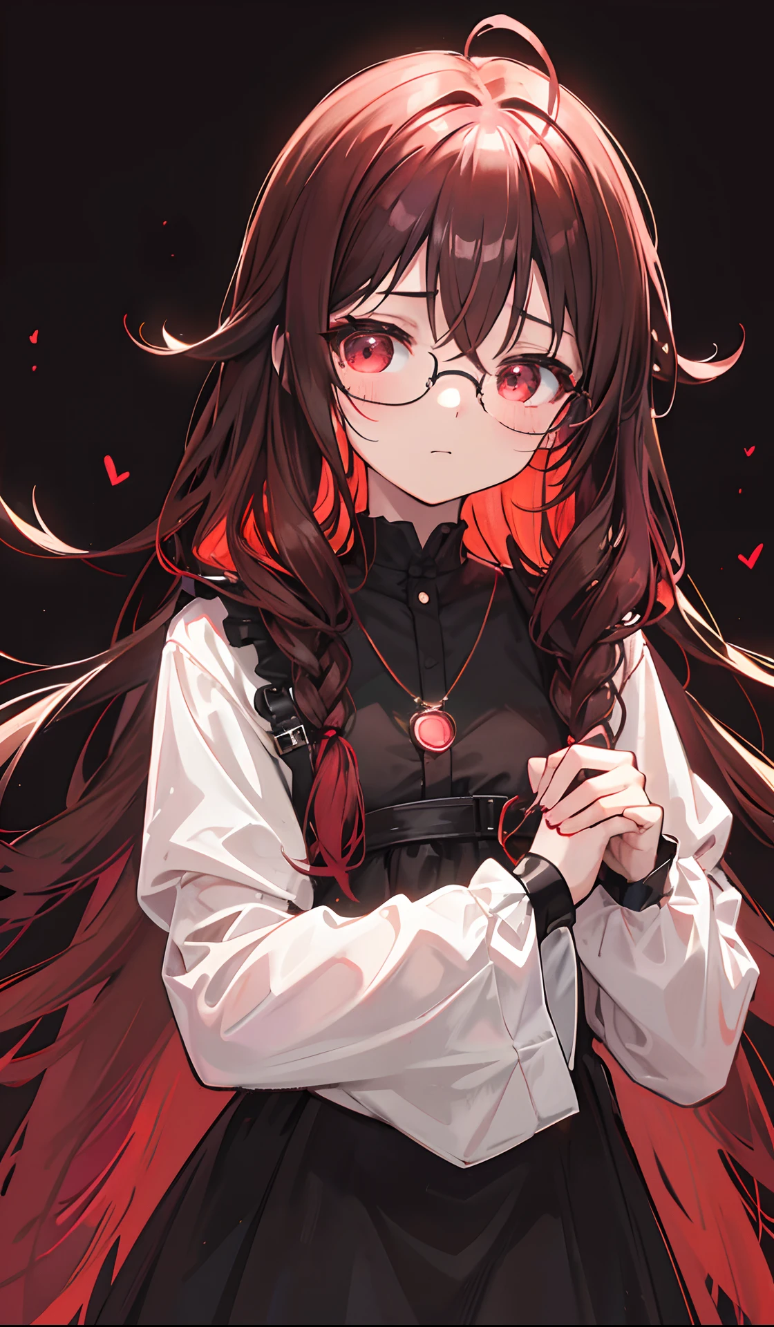 Reddish glow-brown braided hair，With thick black-framed glasses，The eyes are very affectionately glowing with fluorescence，With a cute black ring necklace，Lolita clothes in brown and red colors，Glowing，The face is shiny, super tender and shiny，is a petite cute little sweet girl，Fluorescent overall