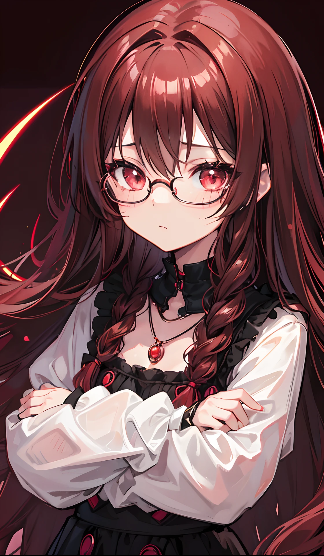 Reddish glow-brown braided hair，With thick black-framed glasses，The eyes are very affectionately glowing with fluorescence，With a cute black ring necklace，****ta clothes in brown and red colors，Glowing，The face is shiny, super tender and shiny，is a petite cute little sweet girl，Fluorescent overall