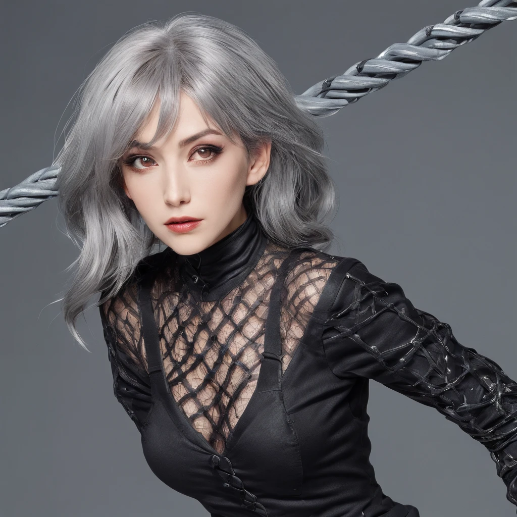 (1980s anime), cosplayer, (ultra realistic), mature female with gothic net symbolic clothes, (Barbed wire of the body) brunette color hair，Gray hair ends