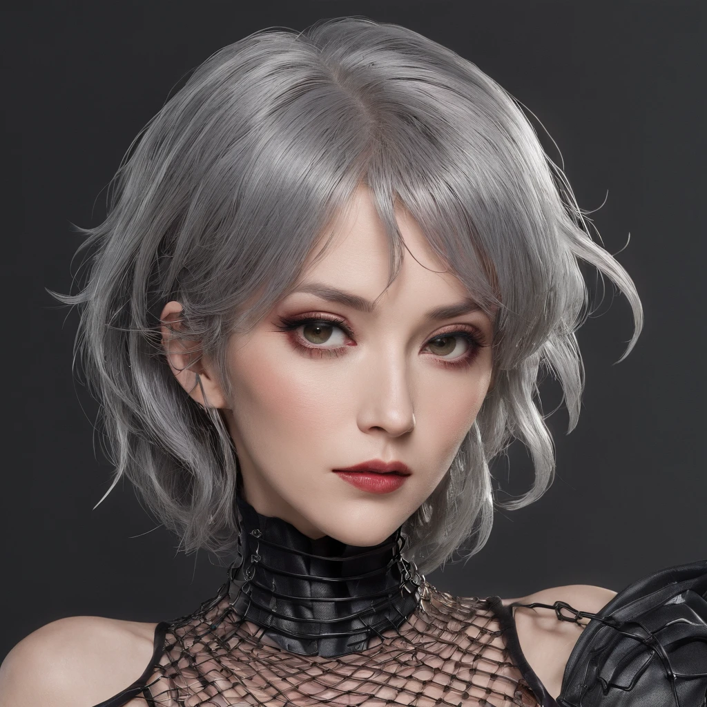 (1980s anime), cosplayer, (ultra realistic), mature female with gothic net symbolic clothes, (Barbed wire of the body) brunette color hair,Gray hair ends