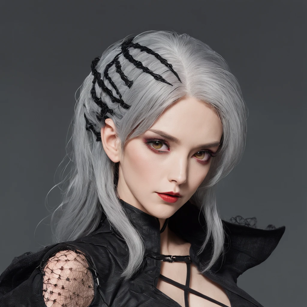 (1980s anime), cosplayer, (ultra realistic), mature female with gothic net symbolic clothes, (Barbed wire of the body) brunette color hair,Gray hair ends