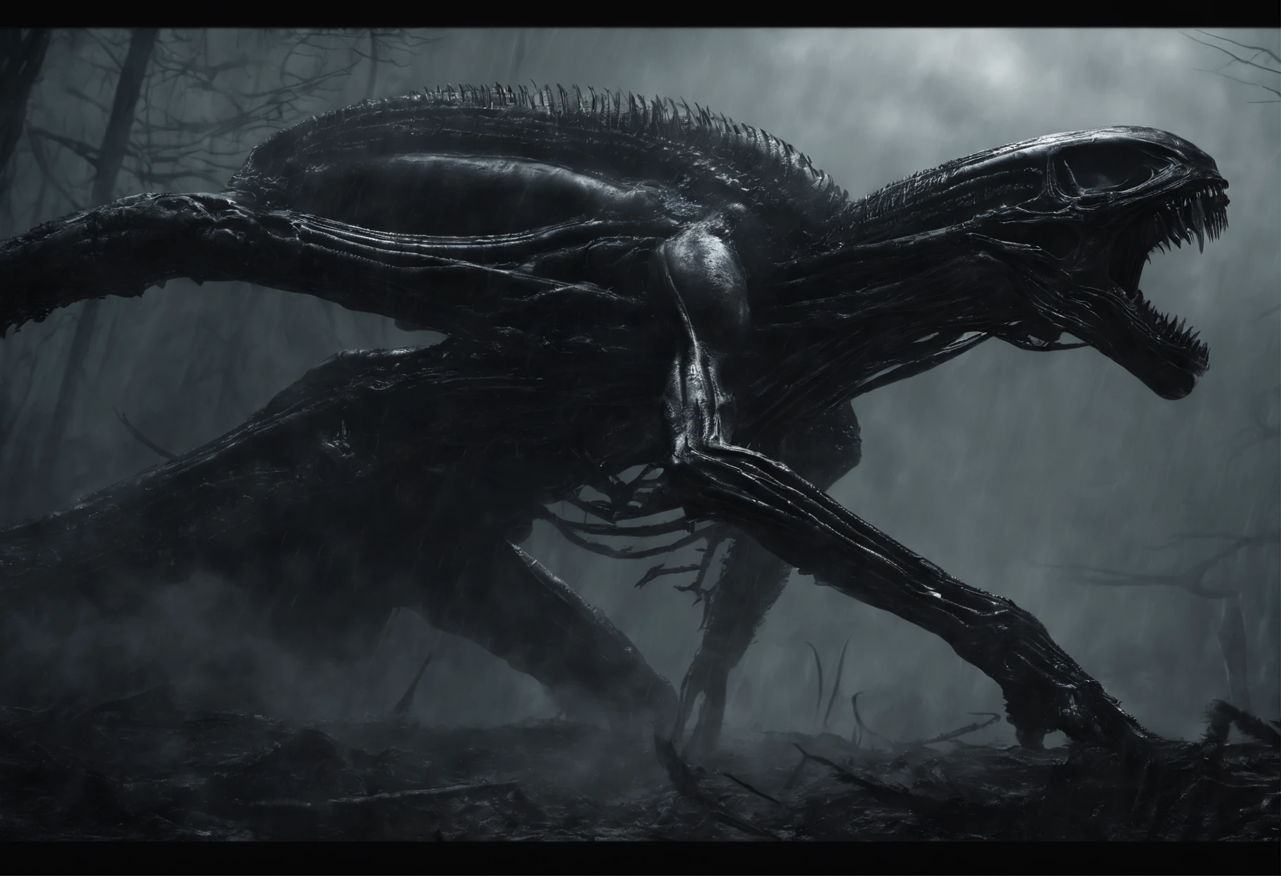 ((Best quality, 8K, Masterpiece: 1.4)),((Amazing detail: 1.3)),((illustration: 1.2)),((high resolution: 1.1)),Alien,Xenomorph,Smooth skin,Metallic skin,Biotechnology,h. r. Giger's artwork,full bodyesbian,Combat posture,Cinematic lighting,Film texture,