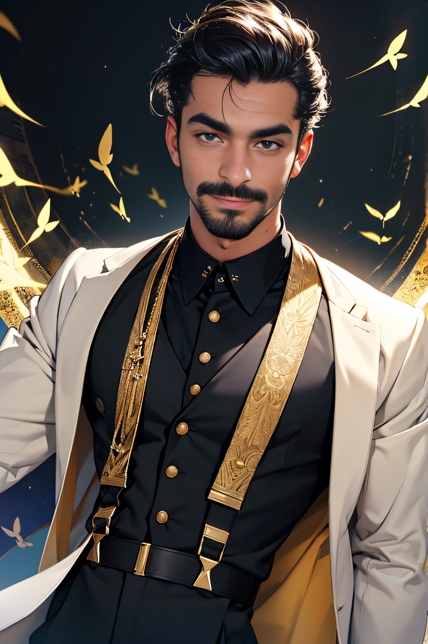 A man wearing black and gold clothing with gold suspenders and white overcoat, fluttering loose fabrics, colar Metatron, bigode, com um punhal, misterioso, imponente, rosto detalhado, ambiente paranormal, fotografia de corpo inteiro, ((looking-into-camera)), uhd, 16k, imagem ultra detalhada e perfeita