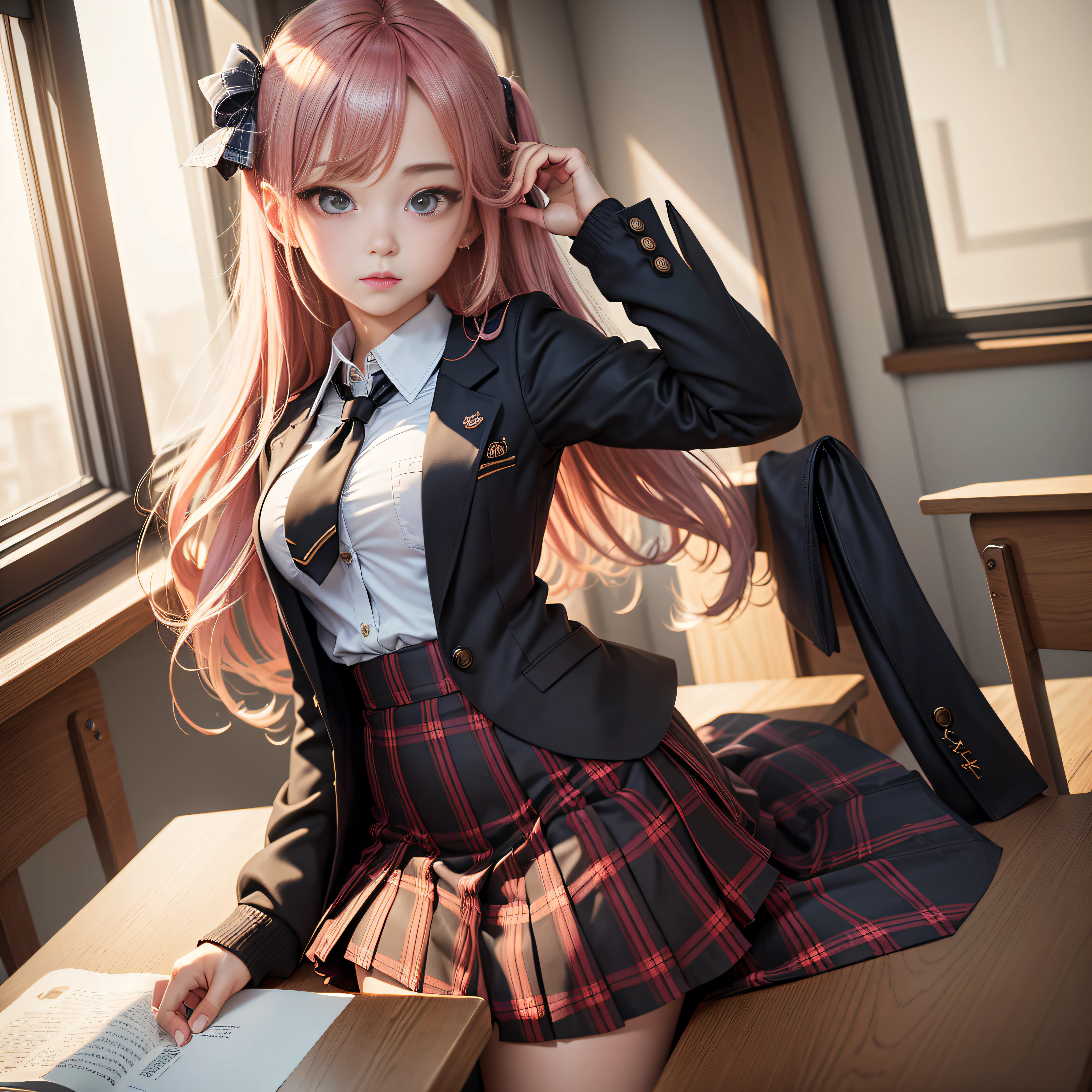 best quality, ((masterpiece)),extremely details, ultra high res, illustration,1girl,lumine \(genshin impact\),skirt, jacket, plaid_skirt, plaid, desk, blazer, solo, book, classroom, school_desk, hair_ornament, indoors, school_uniform,looking_at_viewer, pleated_skirt, blush, window, black_jacket, shirt, long_sleeves, mole, hairclip, collared_shirt