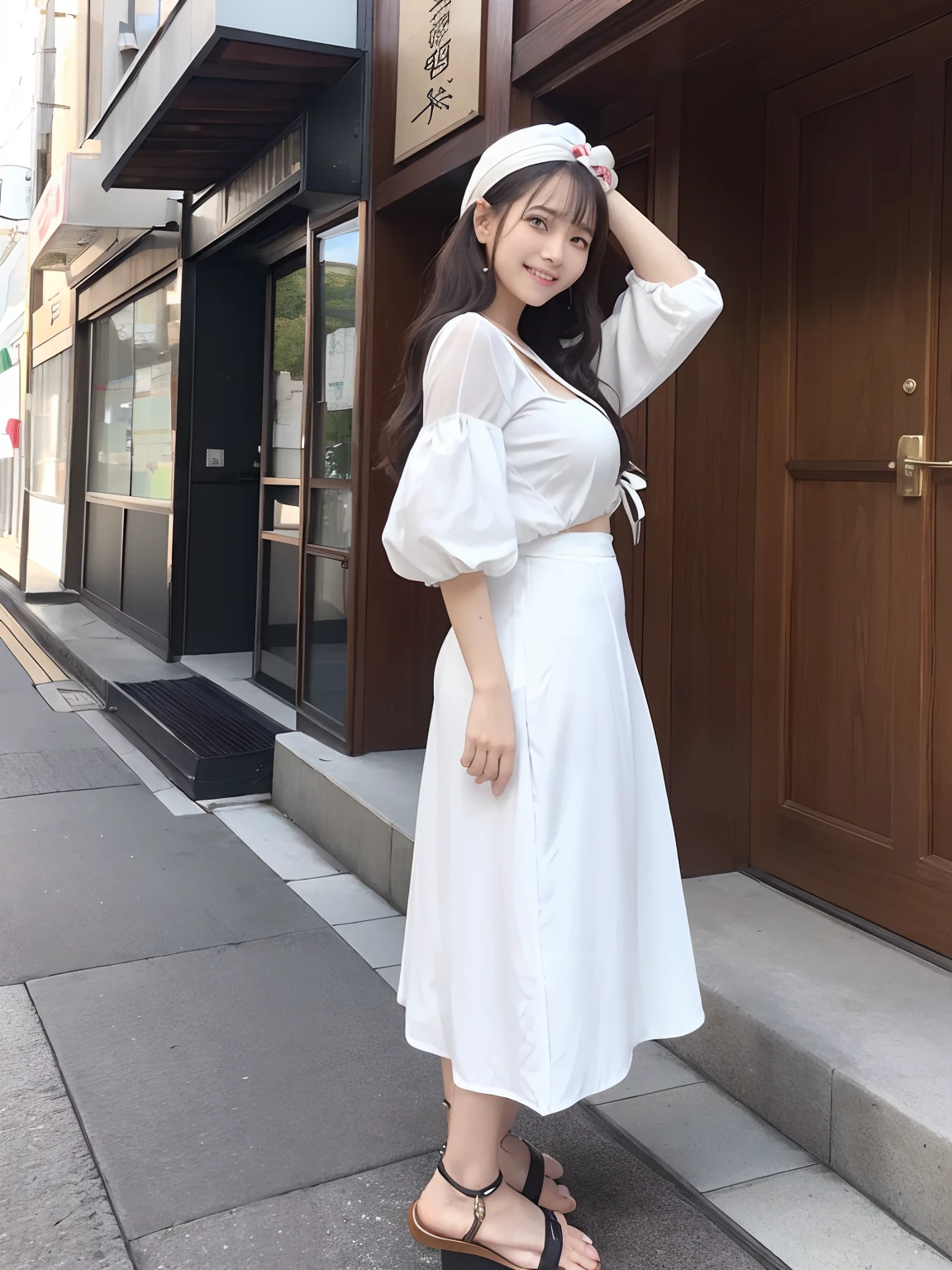 (4 k、top-quality)、(realisitic、Photorealsitic)、(Yakian)、
1girl in、独奏、fullllbody、(Back view)、
perfect hand、up looking_で_the viewer、
whiteshirt、
Ginza City at noon、Daytime、finerly detailed face、Slightly chubby、The best smile、You can see the double teeth、white hairband、Chest wide open、Light brown long curled hair,,(super gigantic breast:1.2)、Volume sleeve blouse, Maxi skirt, Sandals, hat、(Cameltoe),35 year old、Nogizaka Idol、actress、Korean Idol、hposing Gravure Idol,place one's arms behind one's back,raise both arm,(Aside)、Model Standing、