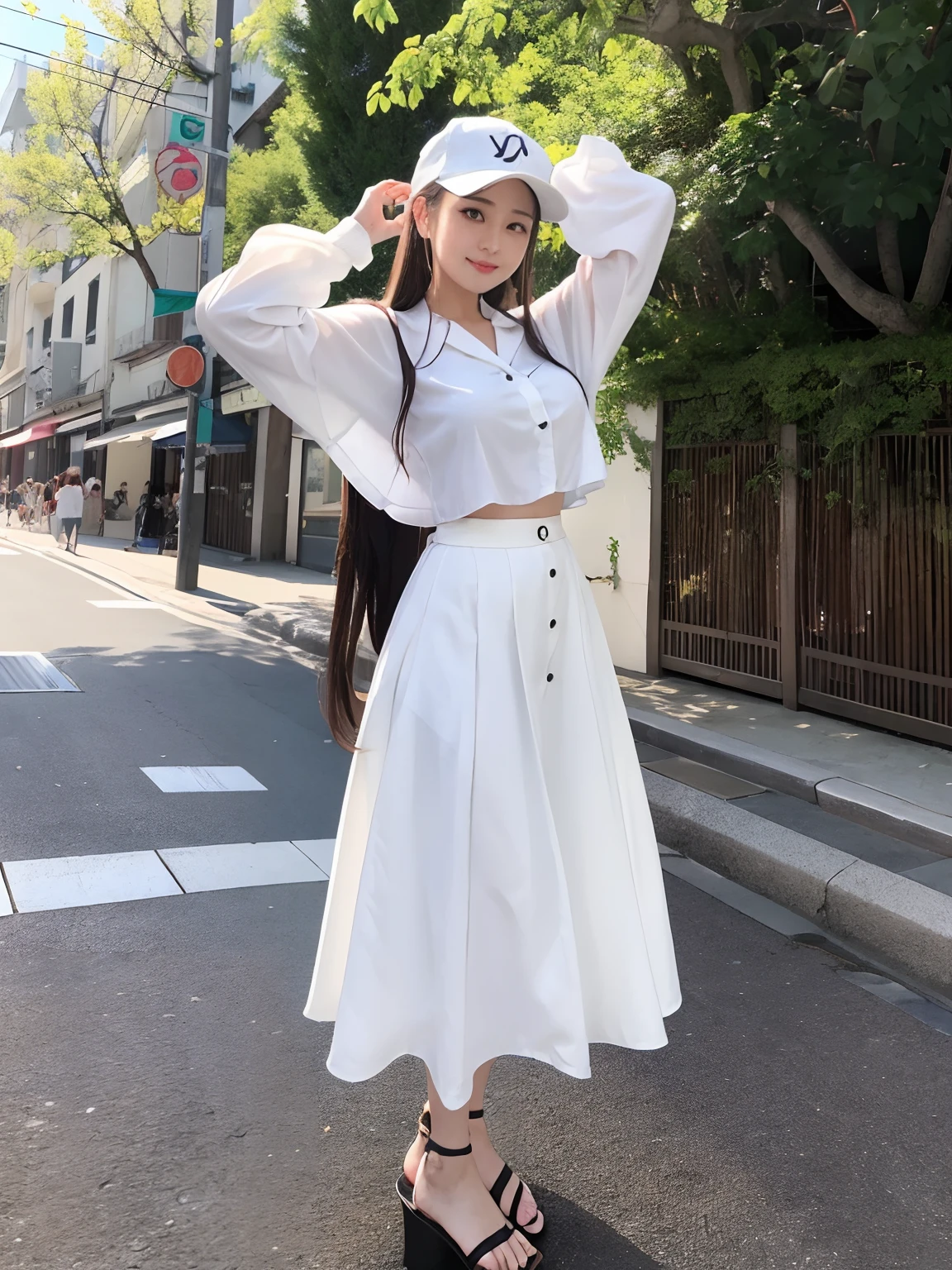 (4 k、top-quality)、(realisitic、Photorealsitic)、(Yakian)、
1girl in、独奏、fullllbody、(Back view)、
perfect hand、up looking_で_the viewer、
whiteshirt、
Ginza City at noon、Daytime、finerly detailed face、Slightly chubby、The best smile、You can see the double teeth、white hairband、Chest wide open、Light brown long curled hair,,(super gigantic breast:1.2)、Volume sleeve blouse, Maxi skirt, Sandals, hat、(Cameltoe),35 year old、Nogizaka Idol、actress、Korean Idol、hposing Gravure Idol,place one's arms behind one's back,raise both arm,(Aside)、Model Standing、