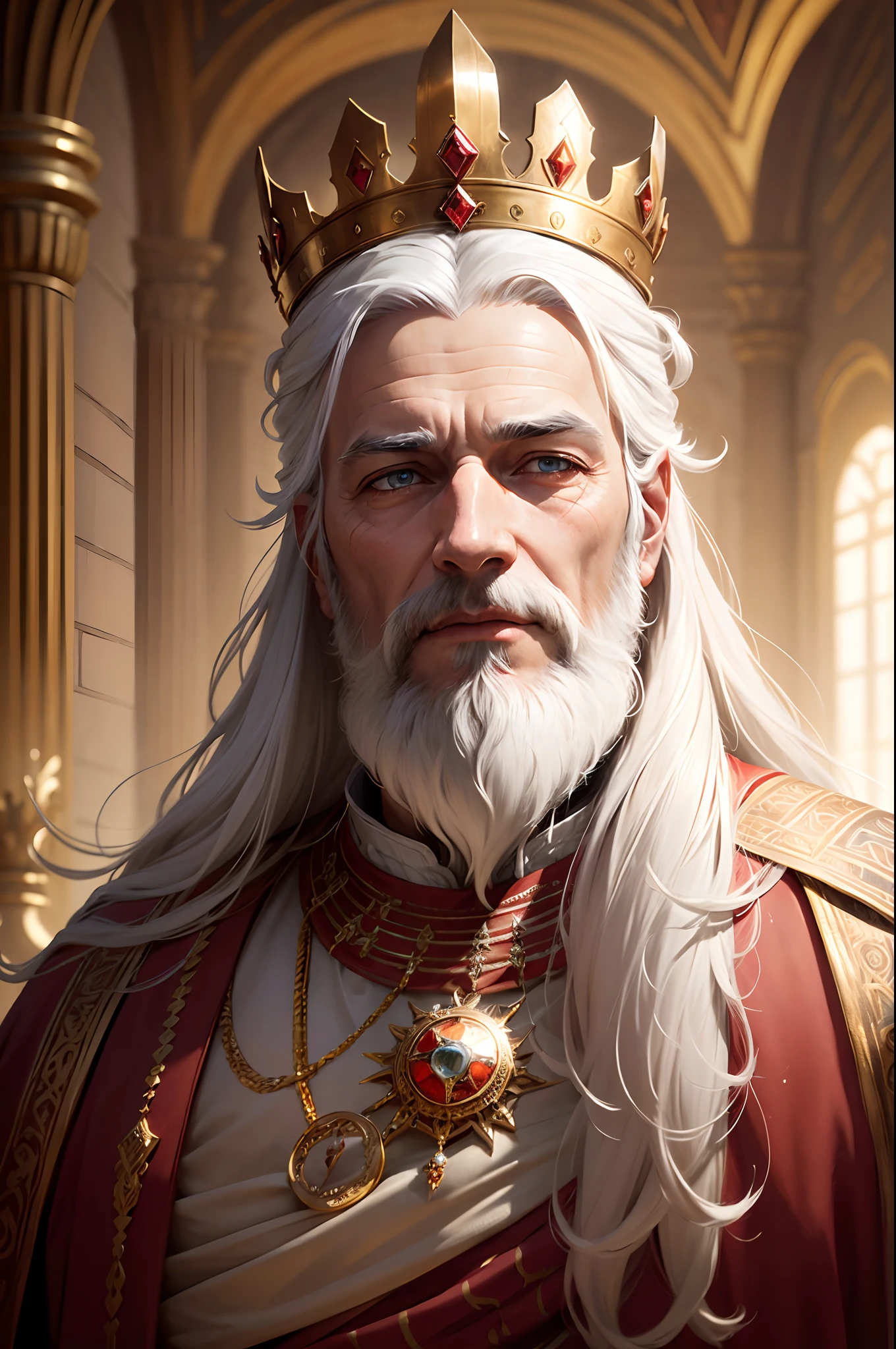 8k portrait of Old King Solomon, with medium beard, (white hair and beard), brown eyes, dressed in white and red tonic, ((with a king's crown on his head with 12 precious stones of different colors)), intricate, elegant, highly detailed, majestic, digital photography, art by artgerm and ruan jia and greg rutkowski surreal painting, background an interior of a super detailed palace (masterpiece, Side lighting, beautiful finely detailed eyes: 1.2), HDR