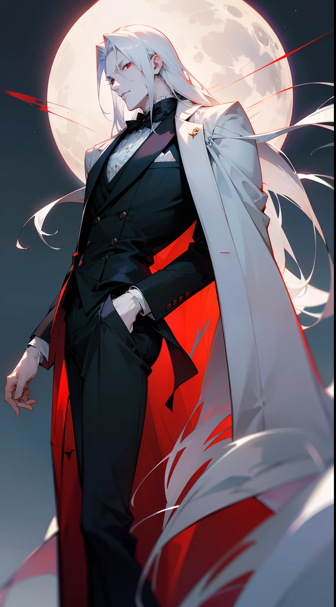With a graceful stance, a male vampire poses for his portrait. His anime-style appearance is enhanced by his long, white hair and striking red eyes. He wears a tailored suit, adding a touch of sophistication to his pale white skin. The full moon shines brightly in the background, adding a touch of mystery to the image.