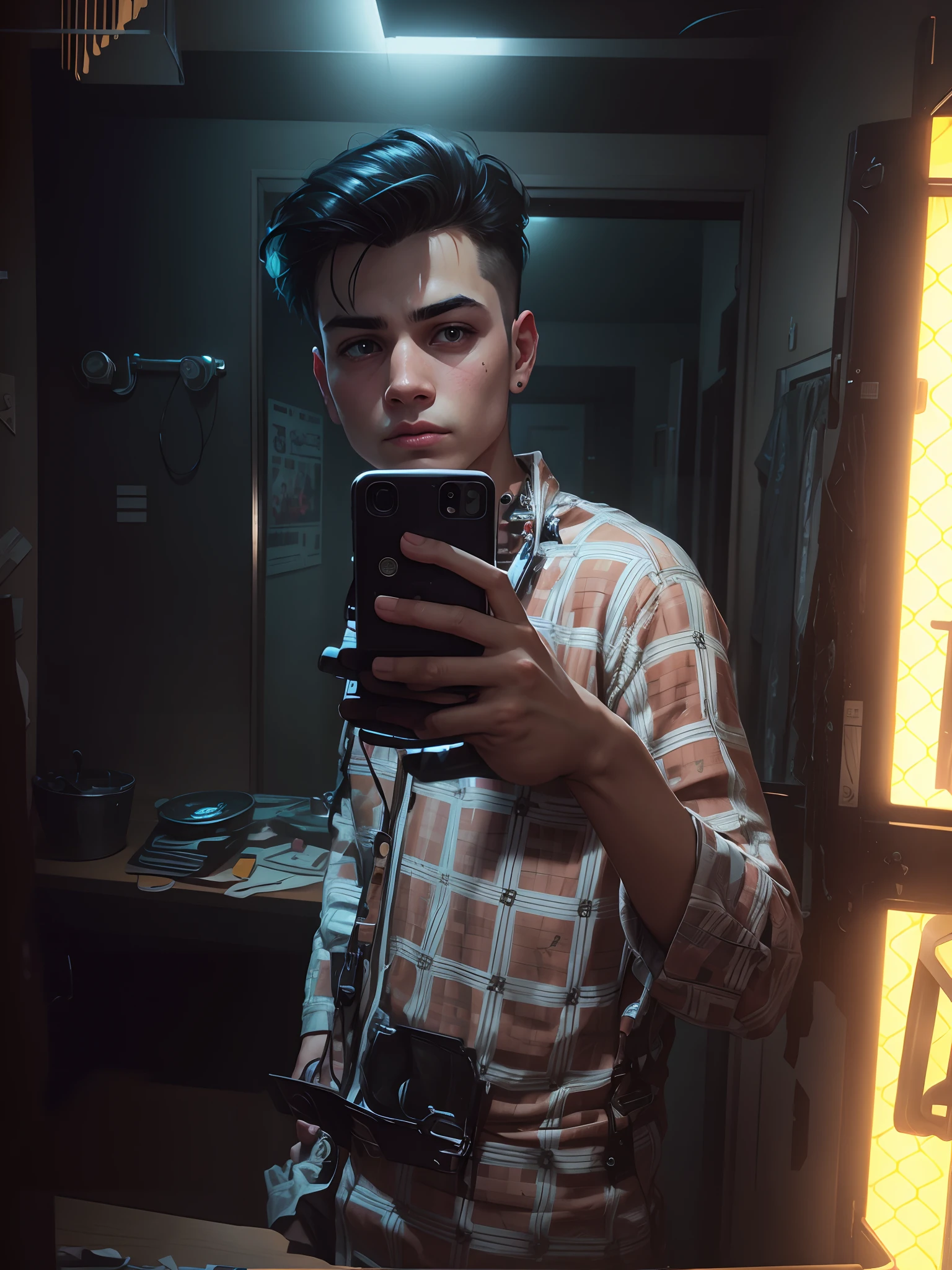 Cyberpunk background realistic look cute boy mirror selfie smooth face