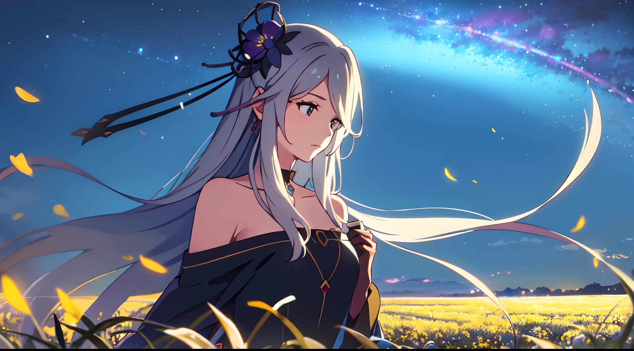 masterpiece, best quality, 1lady, solo, very long white hair, blowing hair, (flowers hair ornament), earrings, night, Vast sky, beautiful skyline, fireflies, fantasy, off shoulder blue dress, night scenery, behind view, touching wheat field, close up