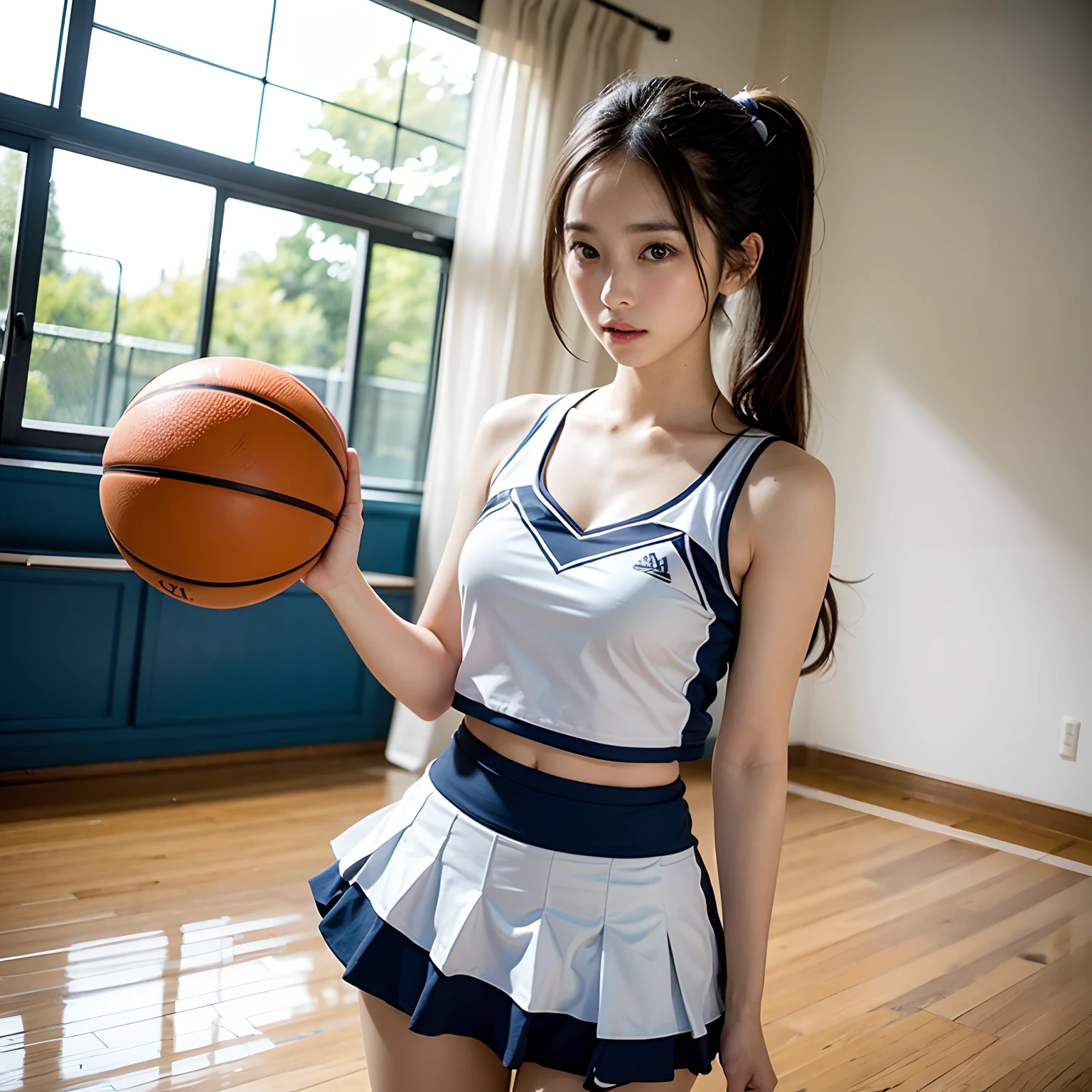 nsfw, 1girl, nude, standing, cheerleader, slit_pussy, perfect pussy, basketball, (masterpiece: 1.4), (8K, realistic, raw photo, best quality: 1.4), Japanese girl, beautiful cute face, (real face: 1.4), beautiful hairstyle, realistic blue eyes, beautiful detail eyes, beautiful breasts, (real skin: 1.3), beautiful skin, attractive, ultra high resolution, ultra realistic, cheerleader uniform, lifted skirt, long black hair, twin ponytails, white ribbons, indoor basketball court