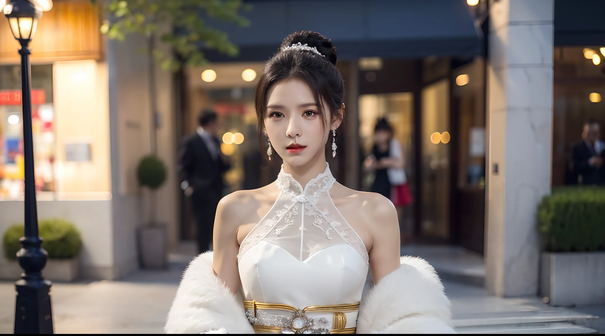 Realiy，8K，超高分辨率，Front light，rays of sunshine，Background bokeh，depth of fields，photographed，the city street，There is water on the ground，Sports cars， Female celebrities，long whitr hair，cropped shoulders，shift dresses，formal outfit， Hair_decorations, (Solo,solo person), Lace long gloves，jewelry，sash, Looking_at_peeping at the viewer, Bigchest，(中景 the scene is，A half body:1.2)，Face lighting