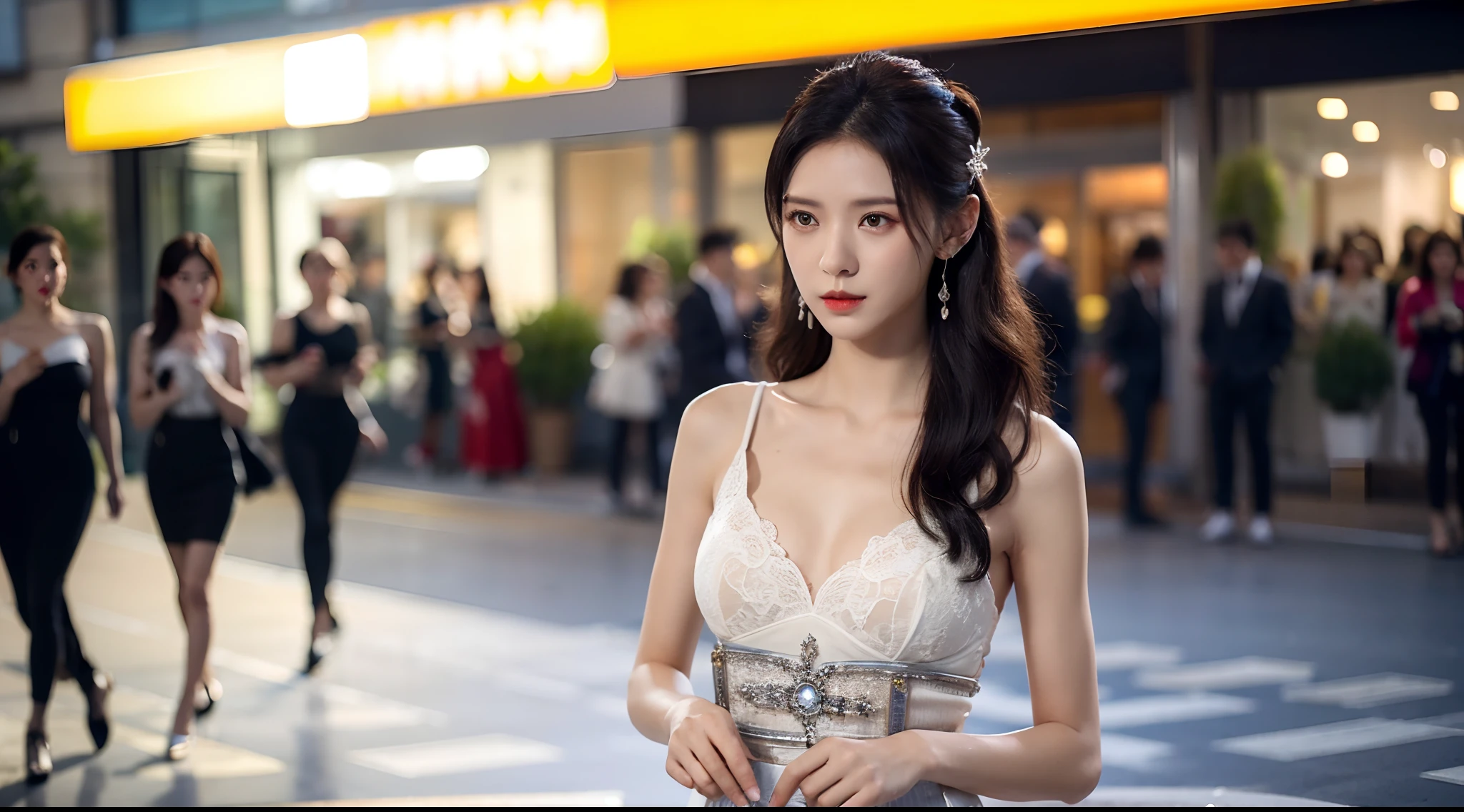 Realiy，8K，超高分辨率，Front light，rays of sunshine，Background bokeh，depth of fields，photographed，the city street，There is water on the ground，Sports cars， Female celebrities，long whitr hair，cropped shoulders，shift dresses，formal outfit， Hair_decorations, (Solo,solo person), Lace long gloves，jewelry，sash, Looking_at_peeping at the viewer, Bigchest，(中景 the scene is，A half body:1.2)，Face lighting