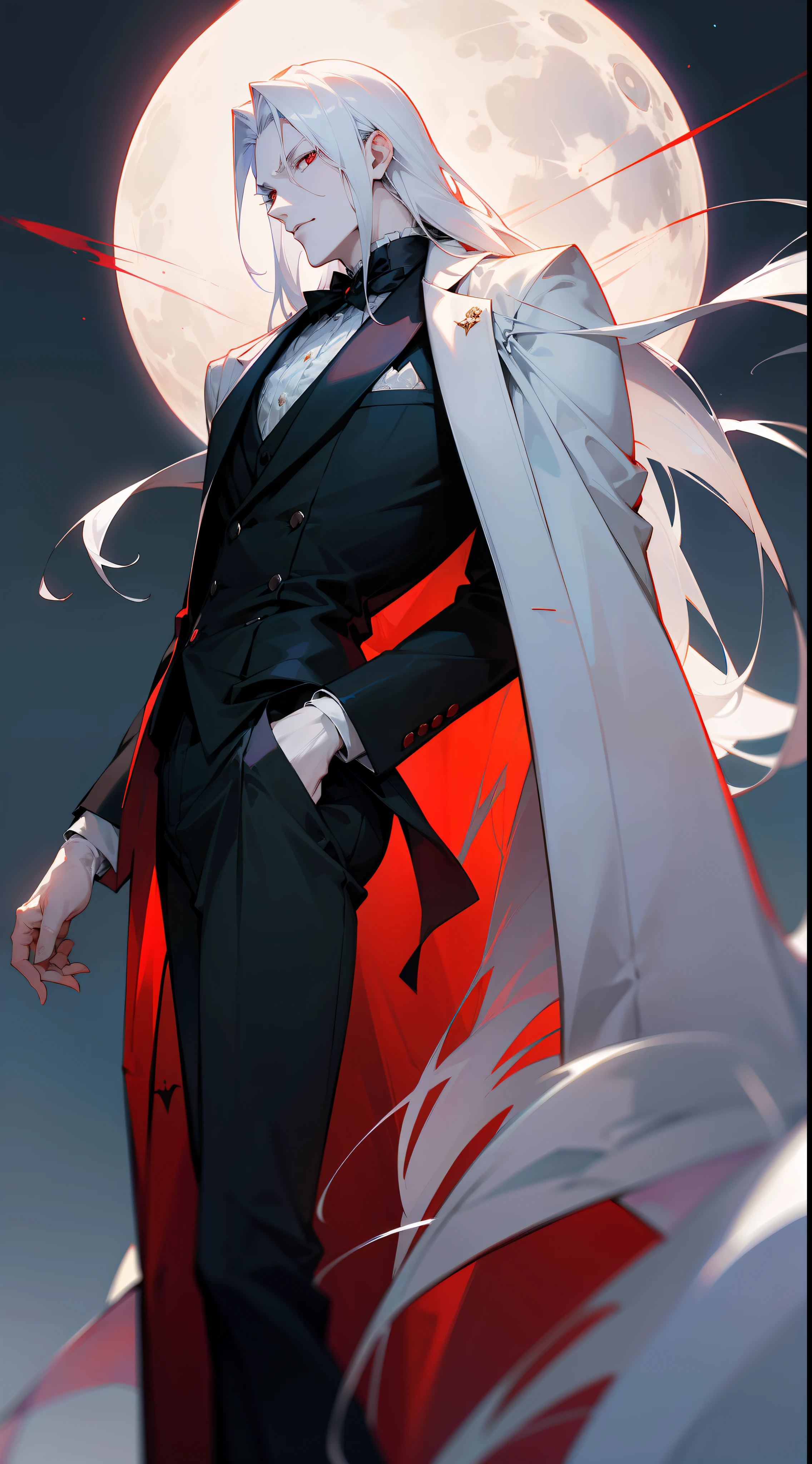 With a graceful stance, a male vampire poses for his portrait. His anime-style appearance is enhanced by his long, white hair and striking red eyes. He wears a tailored suit, adding a touch of sophistication to his pale white skin. The full moon shines brightly in the background, adding a touch of mystery to the image.