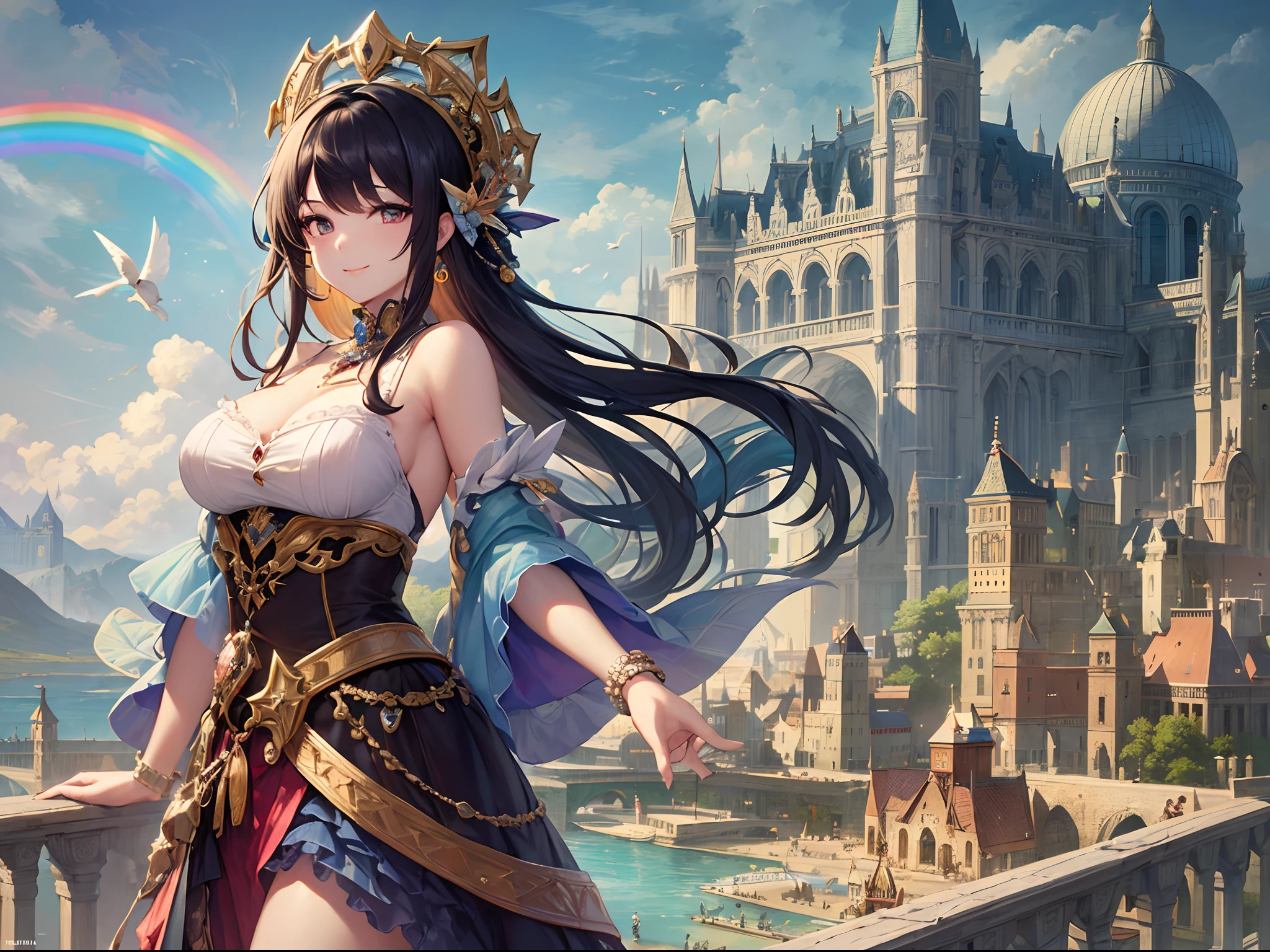 (Finest quality)),(超A high resolution),(ultra-detailliert),(Meticulous portrayal),((best pictures)),(Finest works of art),Ultra-Precision Art,The art of astounding depiction, Fantasyart:1.5, Fairy in the air:1.8,a smile, Rainbow Bridge:0.8