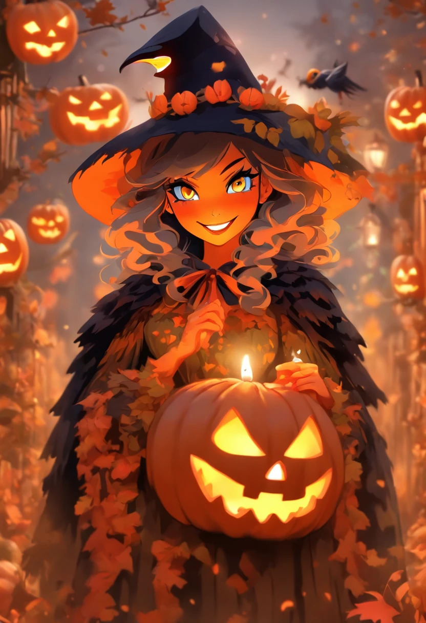 A girl holding a Jack-o'-lantern and standing with a parrot in a spooky Halloween garden, surrounded by vibrant autumn leaves. The girl has beautiful detailed eyes, long eyelashes, and a mischievous smile with beautiful detailed lips. She is wearing a cute Halloween costume with a witch hat and a black cape. The garden is filled with eerie lighting, casting shadows on the pumpkin's carved face, creating a spooky yet enchanting atmosphere. The Jack-o'-lantern has a classic grinning face and is lit by a flickering candle. A colorful parrot is perched on the girl's shoulder, adding a playful element to the scene. The image should have the best quality, be ultra-detailed, and realistic. The colors should be vivid and evoke the Halloween spirit.