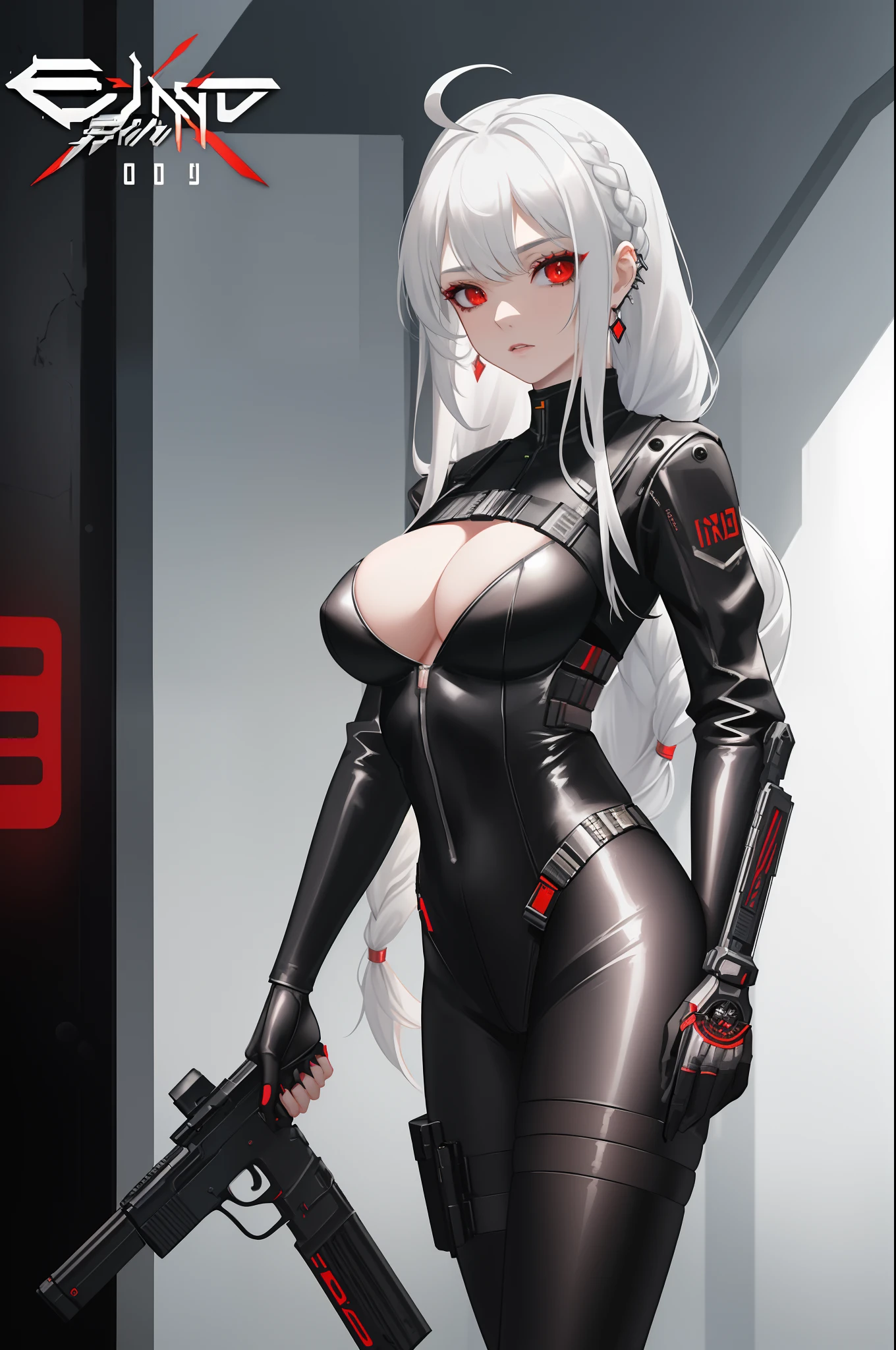 masterpiece,(bestquality),highlydetailed,ultra-detailed, cold , solo , ( 1girl ) , detailedeyes , stare , (red eyes) , (beautiful detailed eyes) , (long hair) , (white hair) , (silver hair) , (Wing-like bangs) , (Dull hair) , (ahoge) , (Hair rings) , (braid) , (bodysuit) , (breasts) , (grey background) , (gun) ,, (holding weapon) , (looking at viewer) , (medium breasts)a woman in a black outfit holding a gun and wearing a black outfit, cyberpunk 2 0 y. o model girl, female lead character, as an action figure, full body xianxia, sci fi female character, biopunk toys made in china, inspired by Leng Mei, cyberpunk femme fatale, more and more cyberpunk, female cyberpunk anime girl