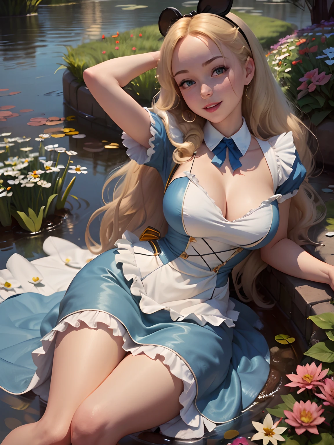 (masterpiece), (best quality), (extremely detailed), Malicious Alice liddell, blue dress, white apron, black hairband, white stockings, showing rude string thong cute pose, in a flower garden, (pond), (((inside disney castle))), (blue sky), (sunny day), 3d. Illustration, Good Highlights, Perfect Proportions, dynamic, Professional, Award winning, (high detailed skin), (high detailed face), photorealistic, HDR, ultra highres, absurdres, perfect body shape, cute smiling, realistic figure, sexy posing, teaser lying down, perfect breast,