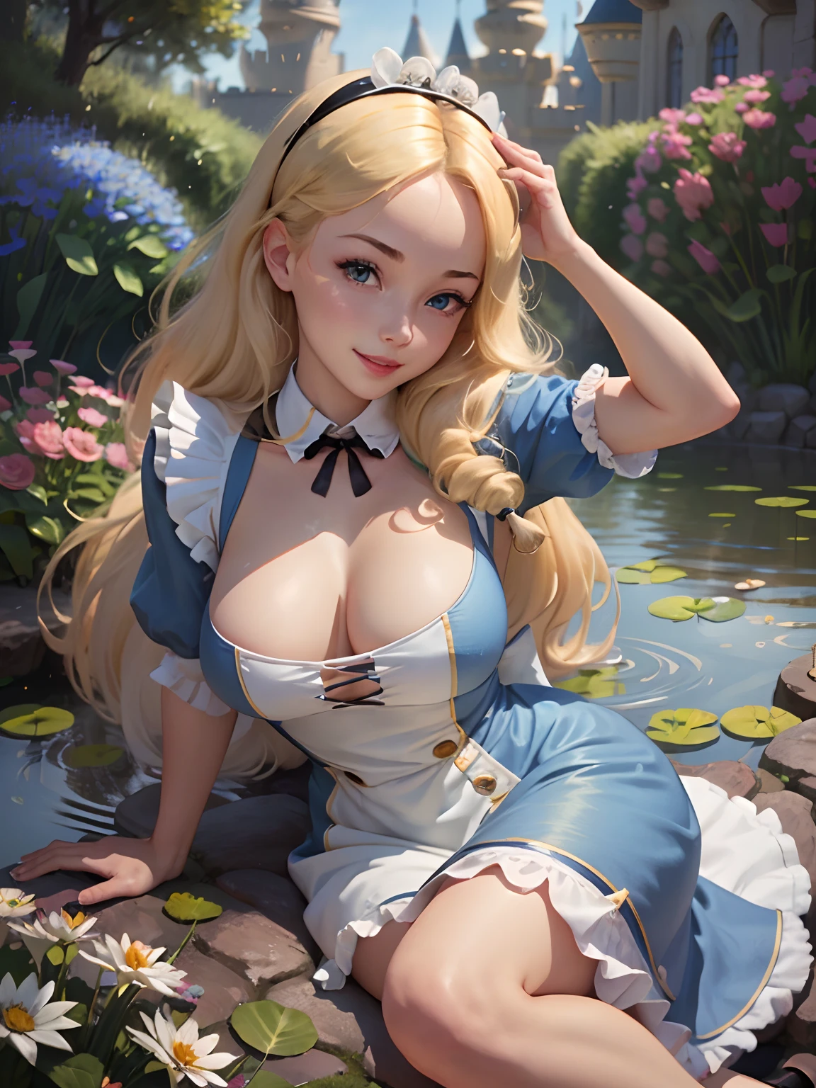 (masterpiece), (best quality), (extremely detailed), Malicious Alice liddell, blue dress, white apron, black hairband, white stockings, showing rude string thong cute pose, in a flower garden, (pond), (((inside disney castle))), (blue sky), (sunny day), 3d. Illustration, Good Highlights, Perfect Proportions, dynamic, Professional, Award winning, (high detailed skin), (high detailed face), photorealistic, HDR, ultra highres, absurdres, perfect body shape, cute smiling, realistic figure, sexy posing, teaser lying down, perfect breast,