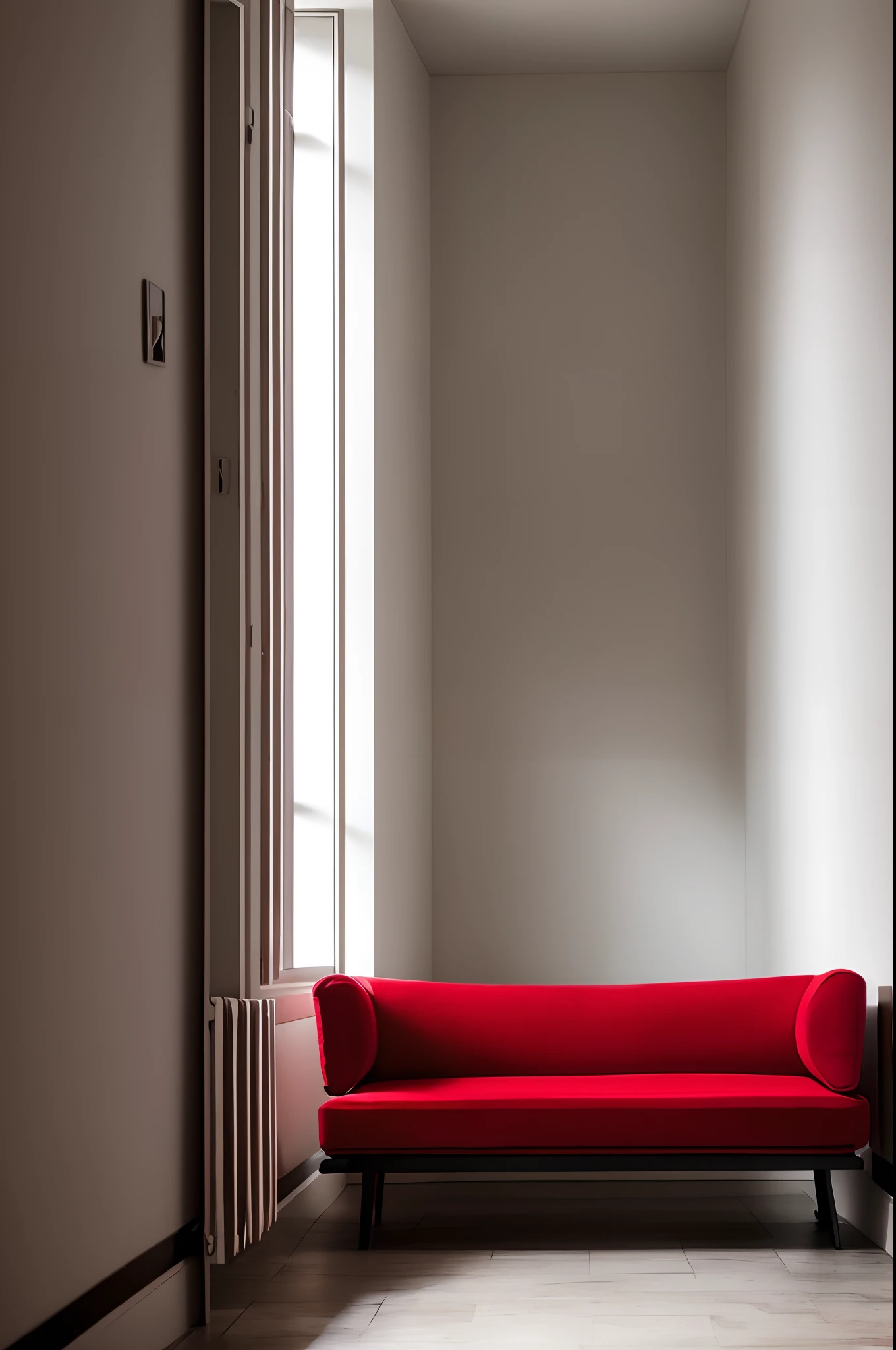 A red couch in a dark white hallway, no windows, no lights