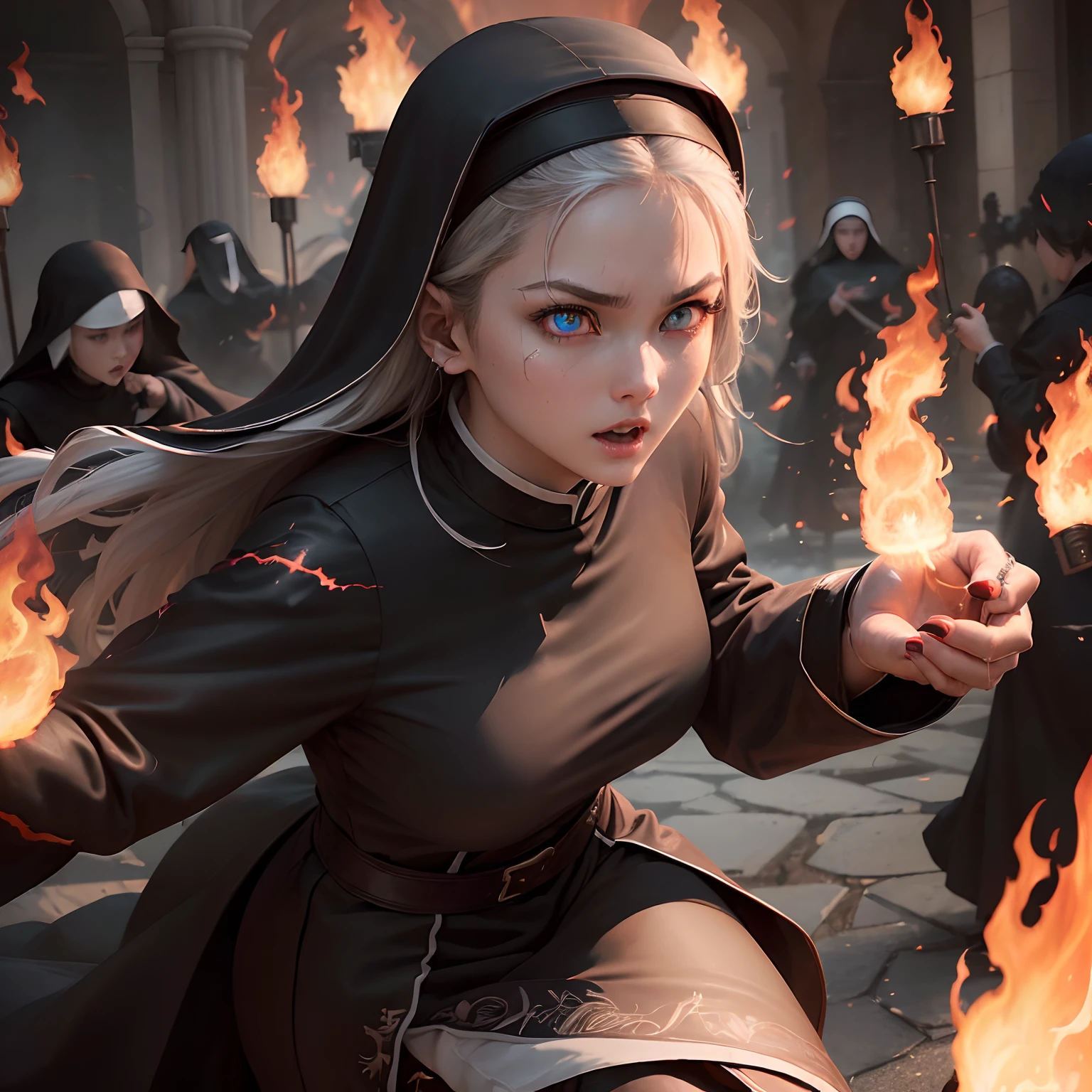 (Best Quality,Ultra-detailed,Realistic:1.37)、Nuns attacking with flame spells、An 18-year-old woman、1femele、独奏、(Sharp eyes:1.5)、Beautiful face of attractive Catholic woman、Aggressive look、Nun robes、(Shoot flames from her hand:1.5)、perfect hand、crosses、Full body
